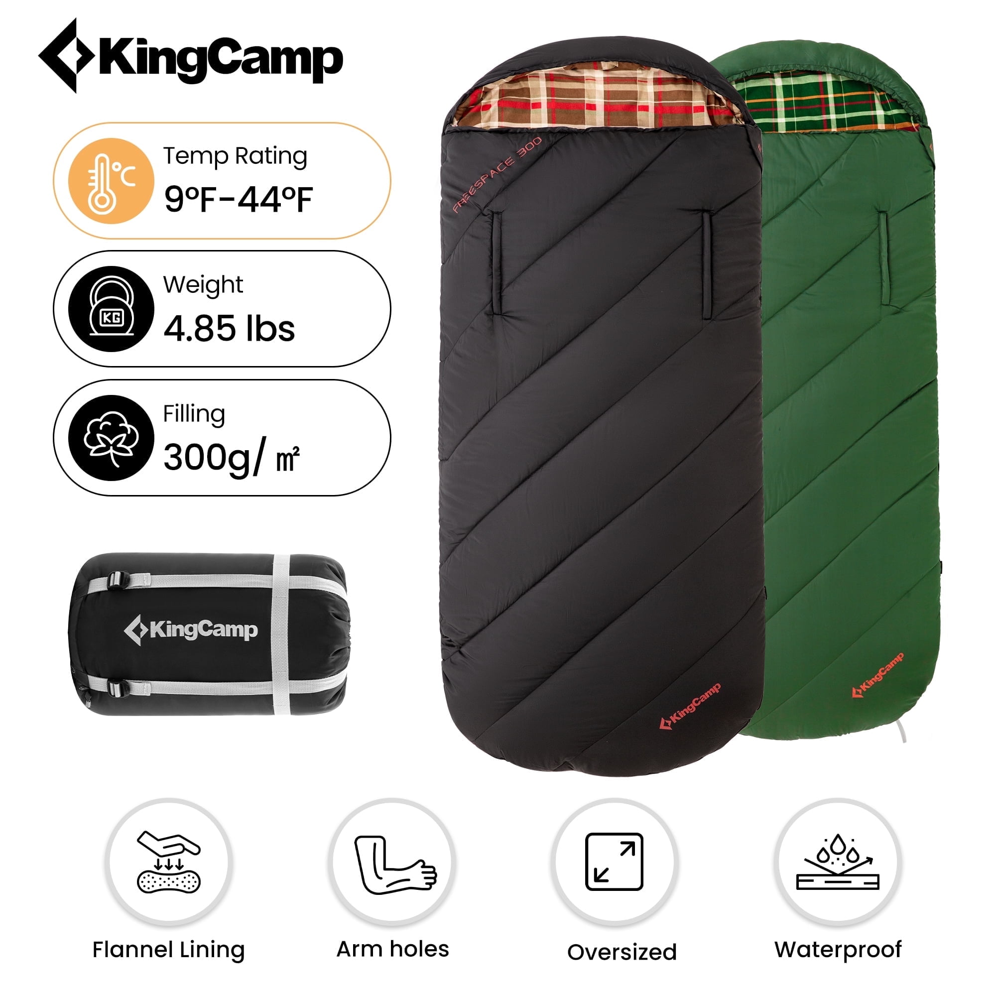 KingCamp Oversized Wearable Cotton Flannel Sleeping Bag - Ideal for Camping, Hiking & Travel, Temperature Rating 9°F-44°F (Black)