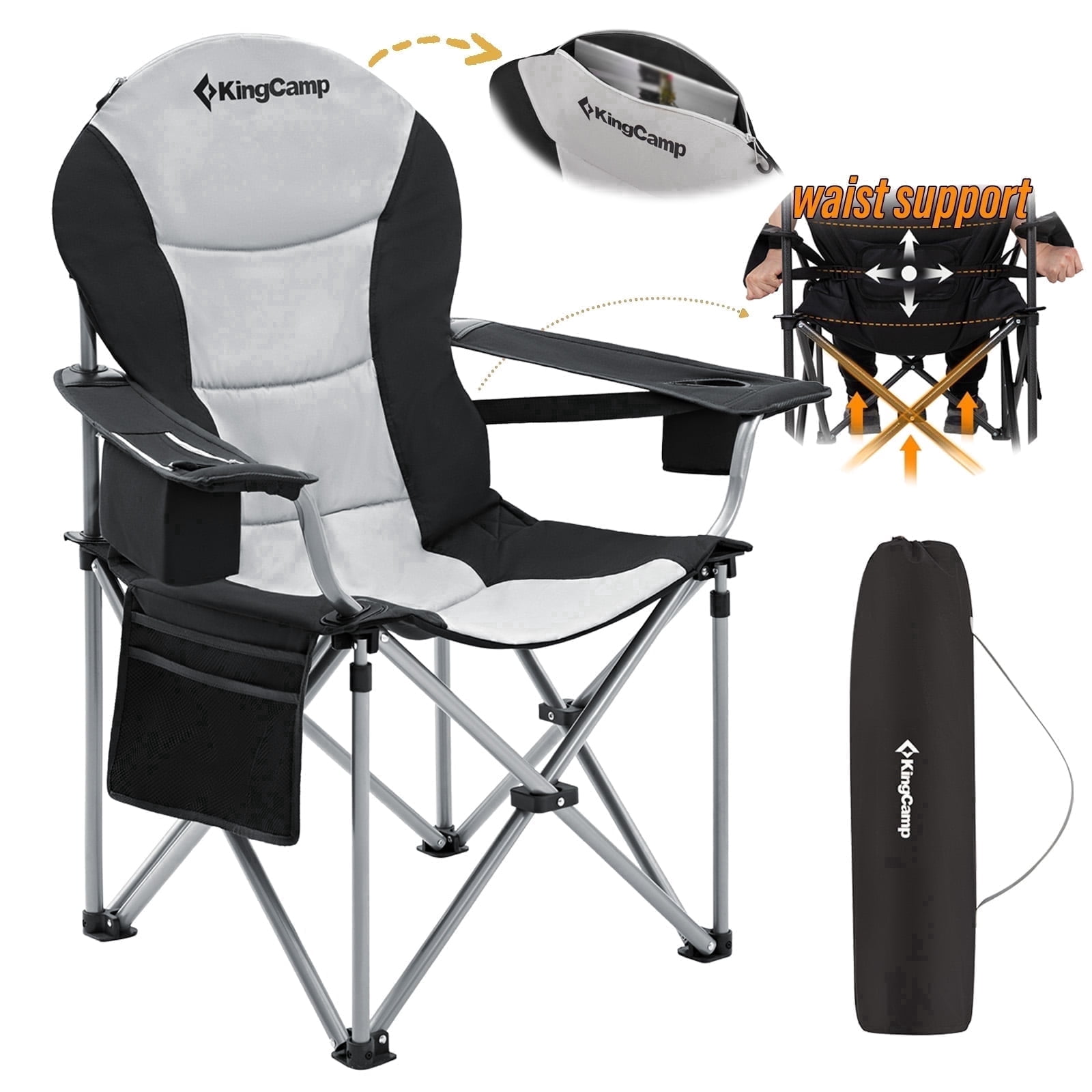 KingCamp Heavy Duty Oversized Camping Chairs, High Back Outdoor Lawn Chair with Cup Holder, Padded Seat & Lumbar Support, Portable Outdoor Folding Chairs, Support 353LBS+, Black