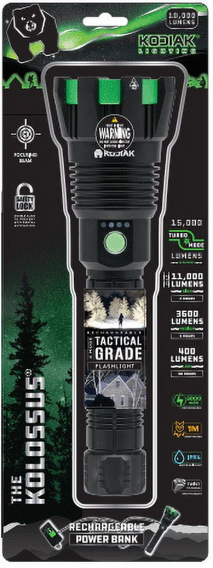 Kodiak Kolossus Tactical COB LED Flashlight 15000 Lumens, USB-C, Rechargeable Power Bank