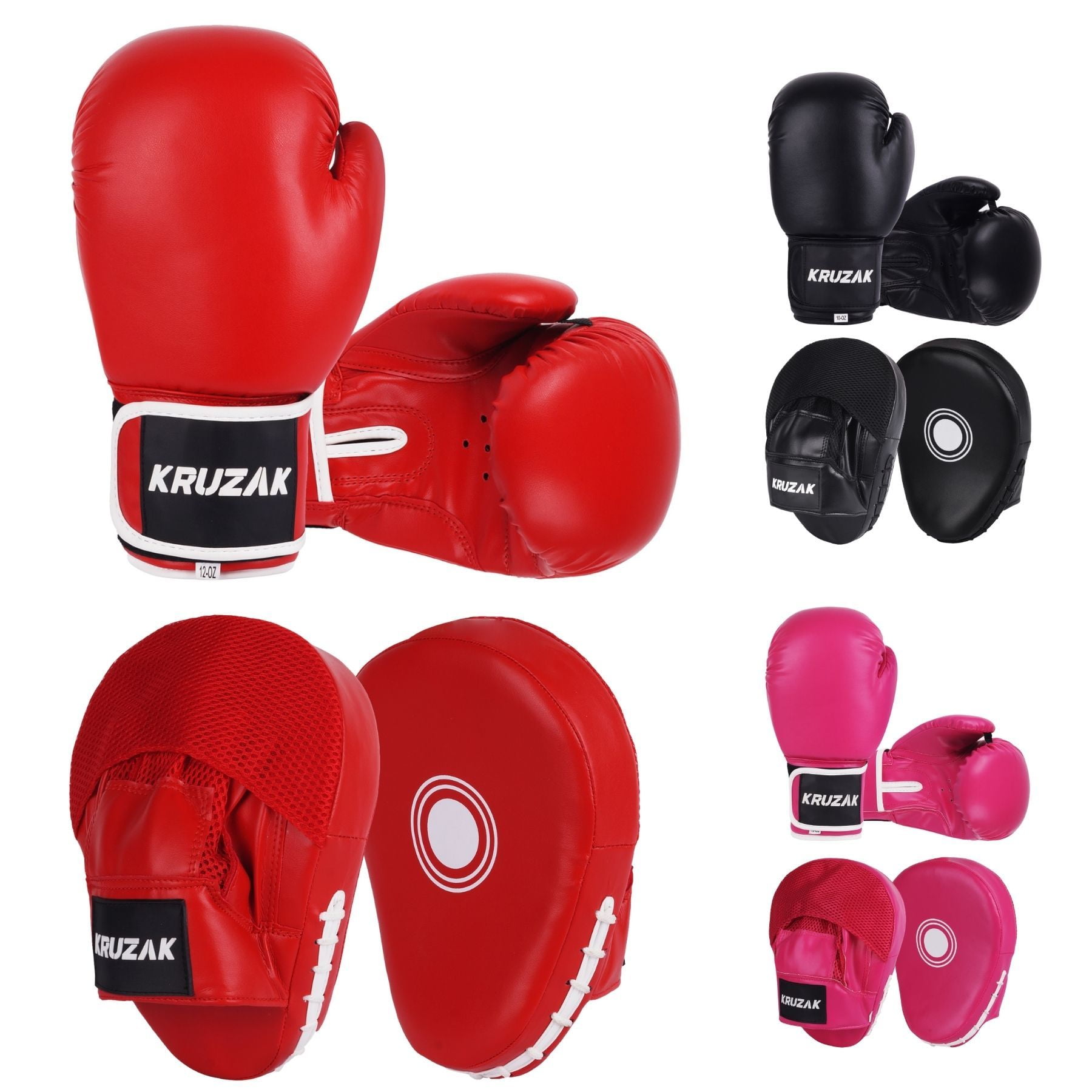Kruzak Plain Focus Mitts and Boxing Gloves Set for Kickboxing and Muay Thai MMA Training - Fitness Kit with Punching Pads for Martial Arts and Karate (Red, 8 oz)