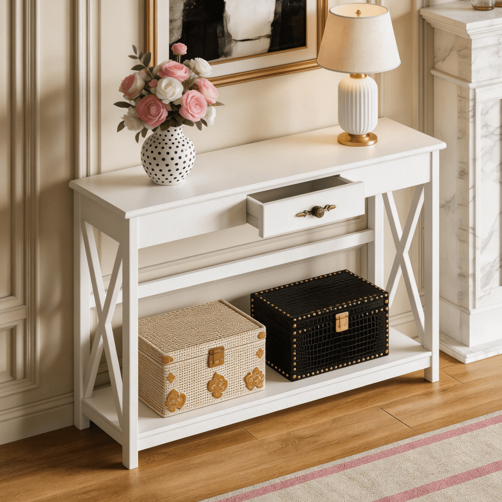 Ktaxon Mid-Century Console Table Sofa Table with 1 Drawer and Shelf, 39.5" Modern Narrow Entryway Table with Storage for Hallway, Living Room, Foyer, White