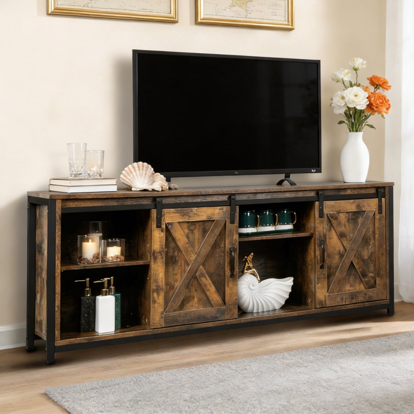 Ktaxon Farmhouse TV Stand for 65'' TVs, Rustic Natural Brown Entertainment Center, Barn Doors TV Cabinet with Storage Cubes Furniture