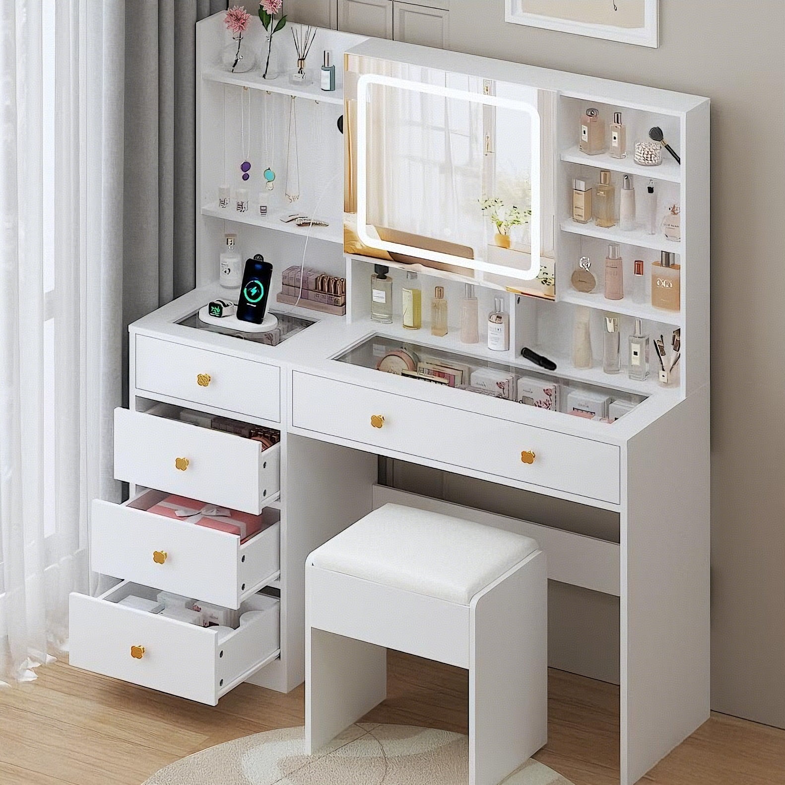 Ktaxon Large 47.2" Makeup Vanity with 3 Color Lights, Vanity Desk with USB Charging Station, Vanity Makeup Table with Visible Drawers, Hidden and Open Storage Shelves, White