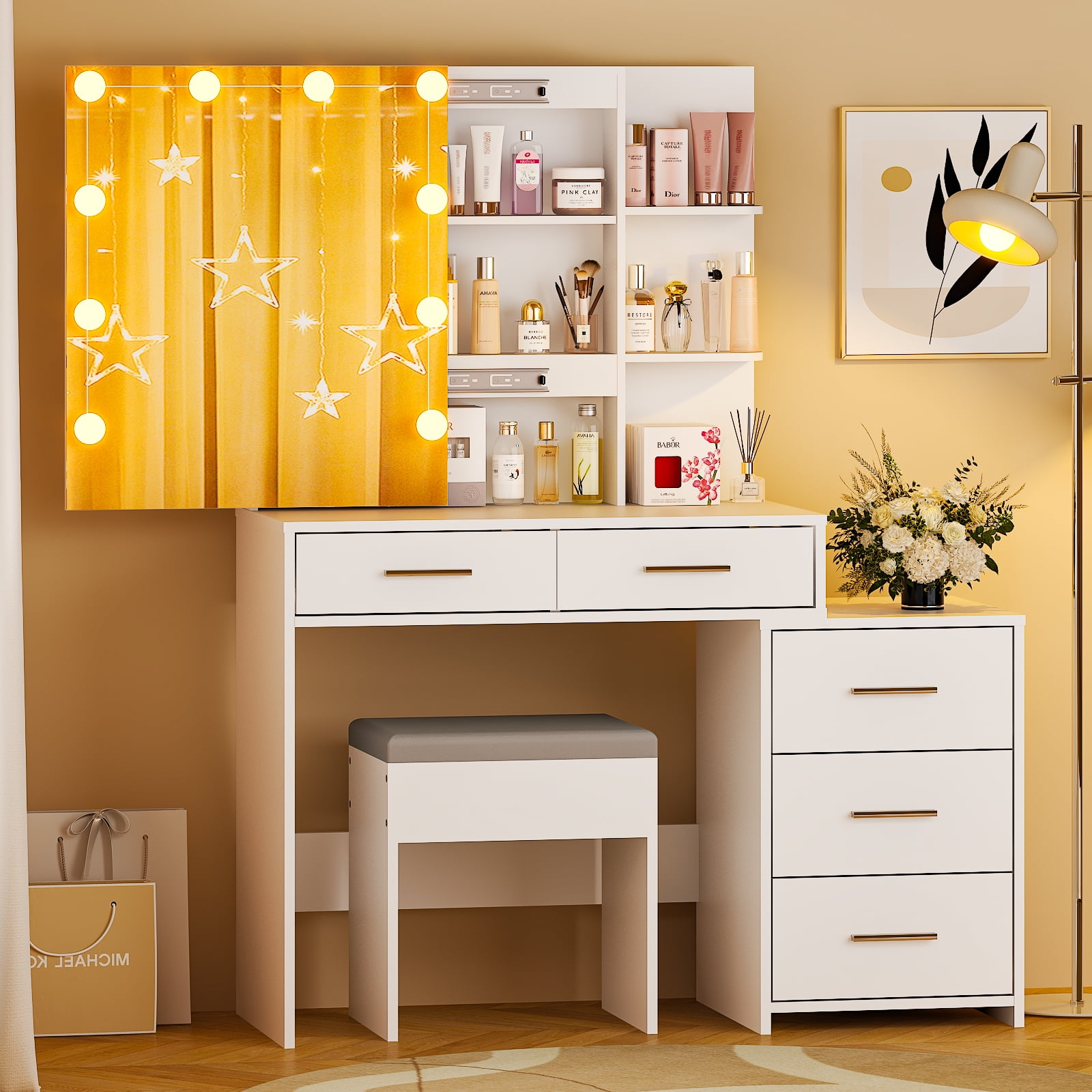 Ktaxon Lighted Makeup Vanity Table Set, Dressing Table with Sliding Mirror, Vanity Desk , White
