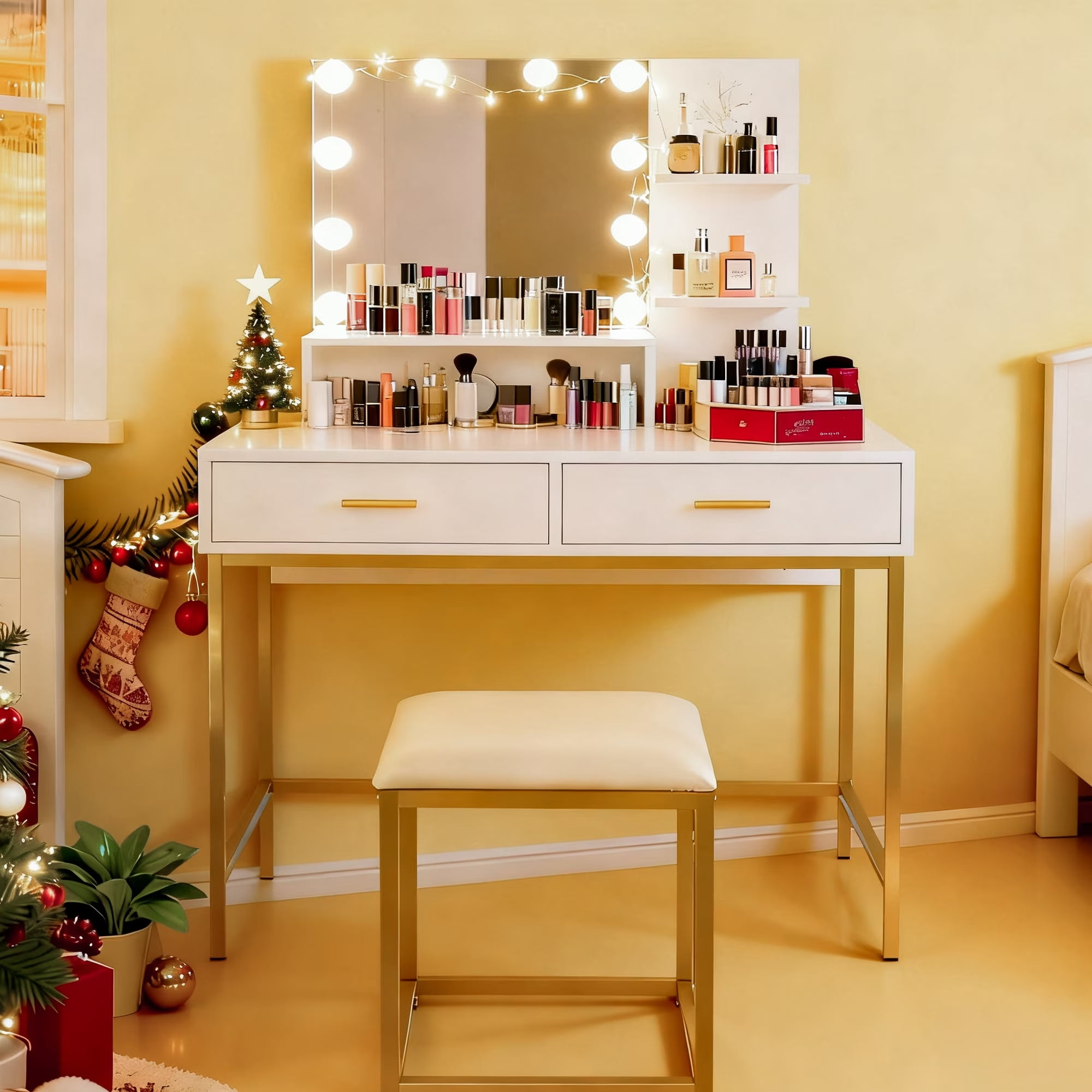 Ktaxon Vanity Table Set with 3 Color Lighted Mirror & Stool, Makeup Vanity Dressing Table, 2 Drawers and Storage Shelves for Bedroom, Gold Vanity Desk for Women (White)