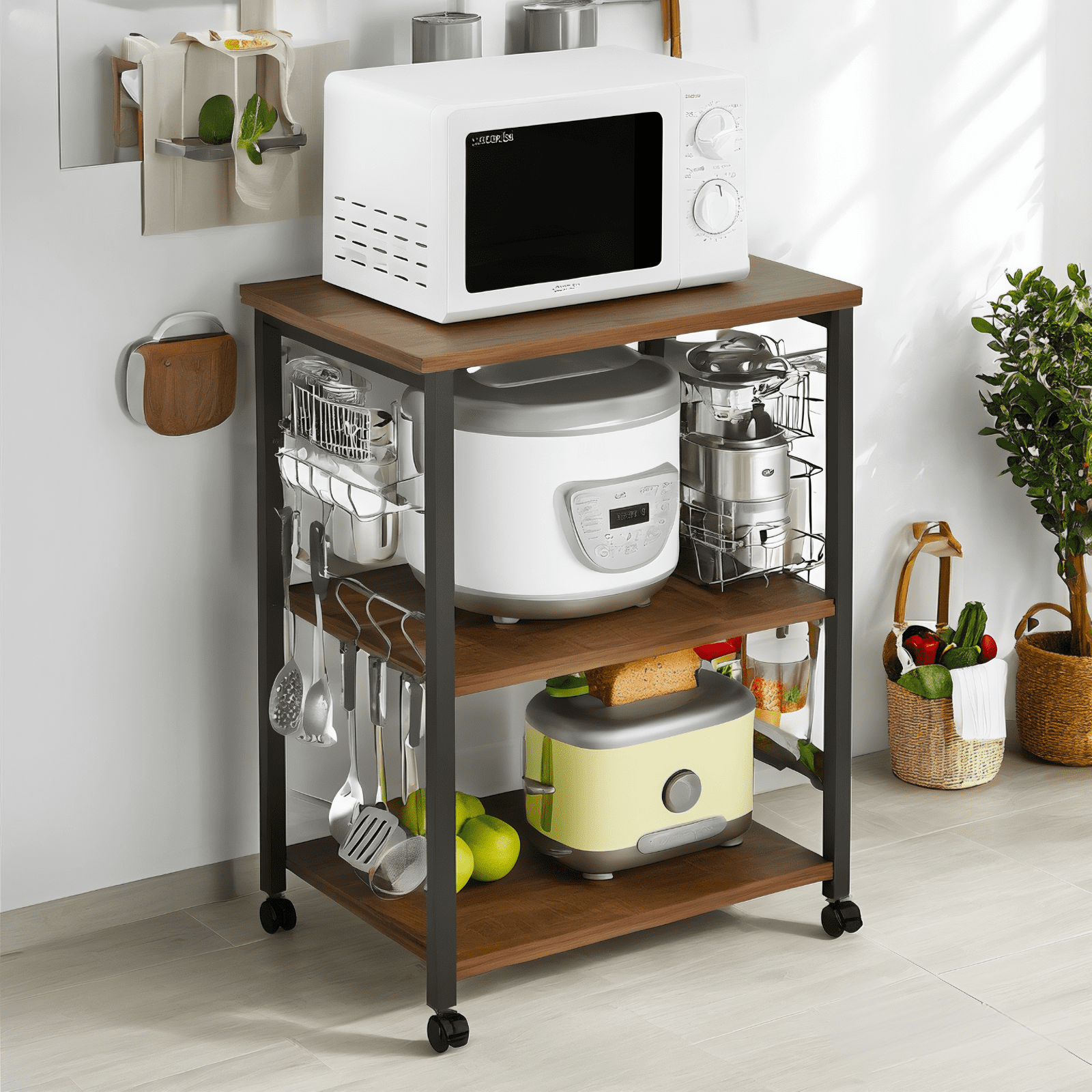 Ktaxon 3 Tier Mobile Kitchen Cart Microwave Oven Stand, Rolling Kitchen Island Bakers Rack Kitchen Utility Storage Serving Cart with 10 Hooks, Vintage/Black