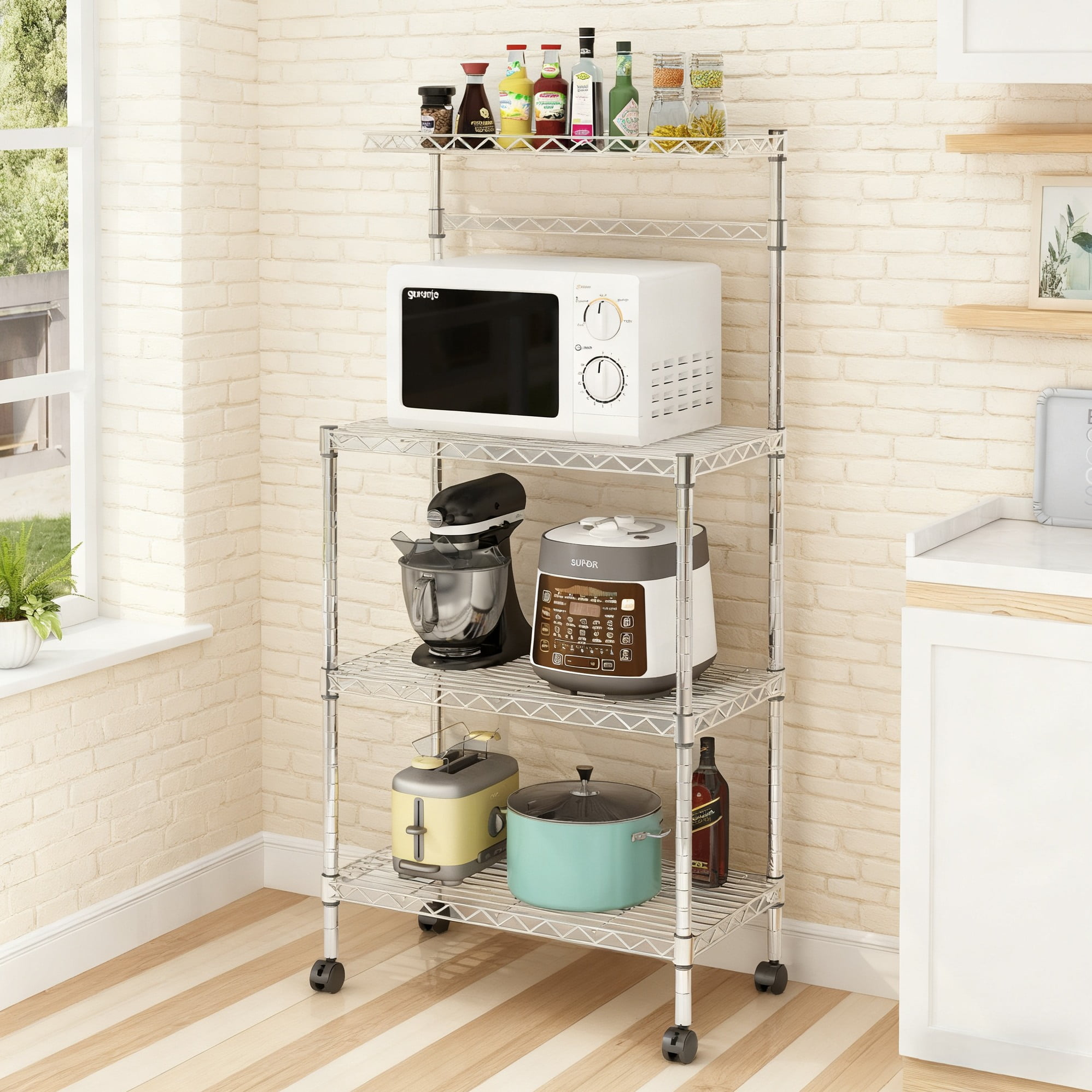 Ktaxon 4-Tier Kitchen Baker's Rack Rolling Microwave Oven Stand Utility Kitchen Cart Island with Storage Shelves, Silver Finish