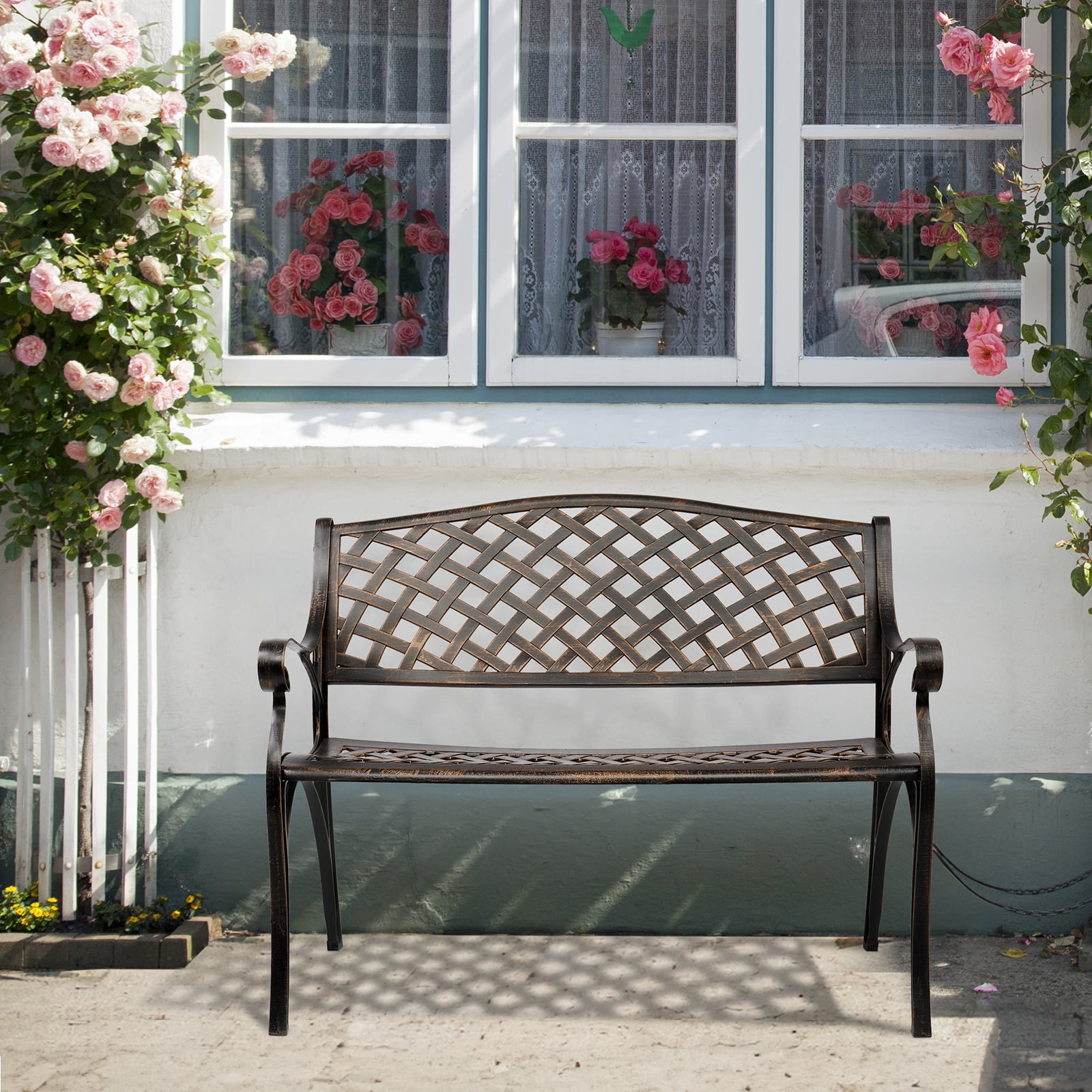 Ktaxon 40.5" Outdoor Garden Bench Aluminum Frame Seats Patio Furniture Bronze, Heavy Duty Cast Aluminum Bench, Cast Iron Bench, Bronze