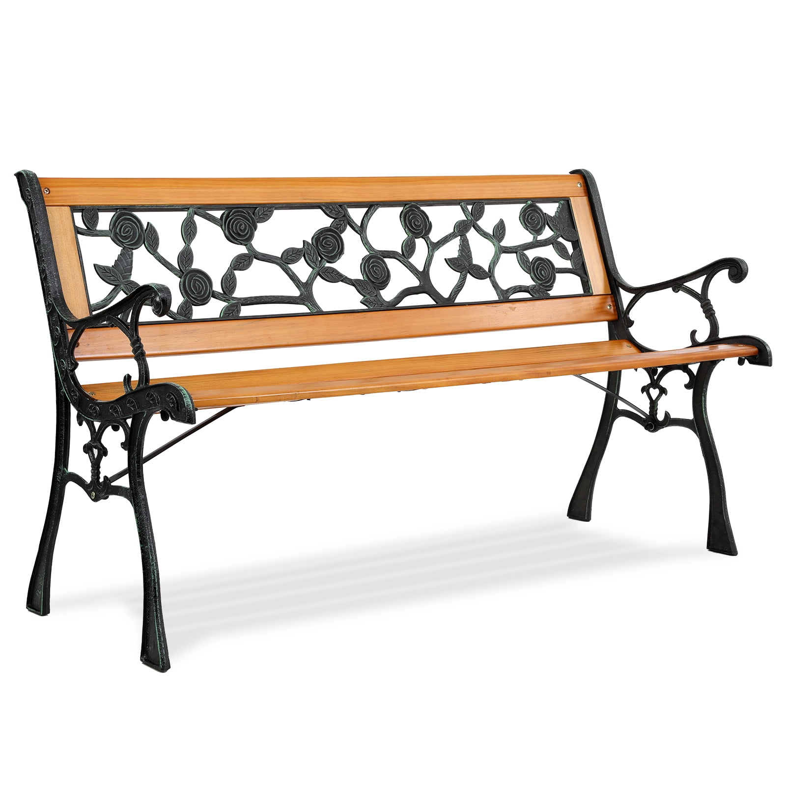 Ktaxon 49" Patio Furniture Rose Style Park Hardwood Bench Bronze, Wooden Bench, Outdoor Bench for Garden, Entrance, Lawn, Park