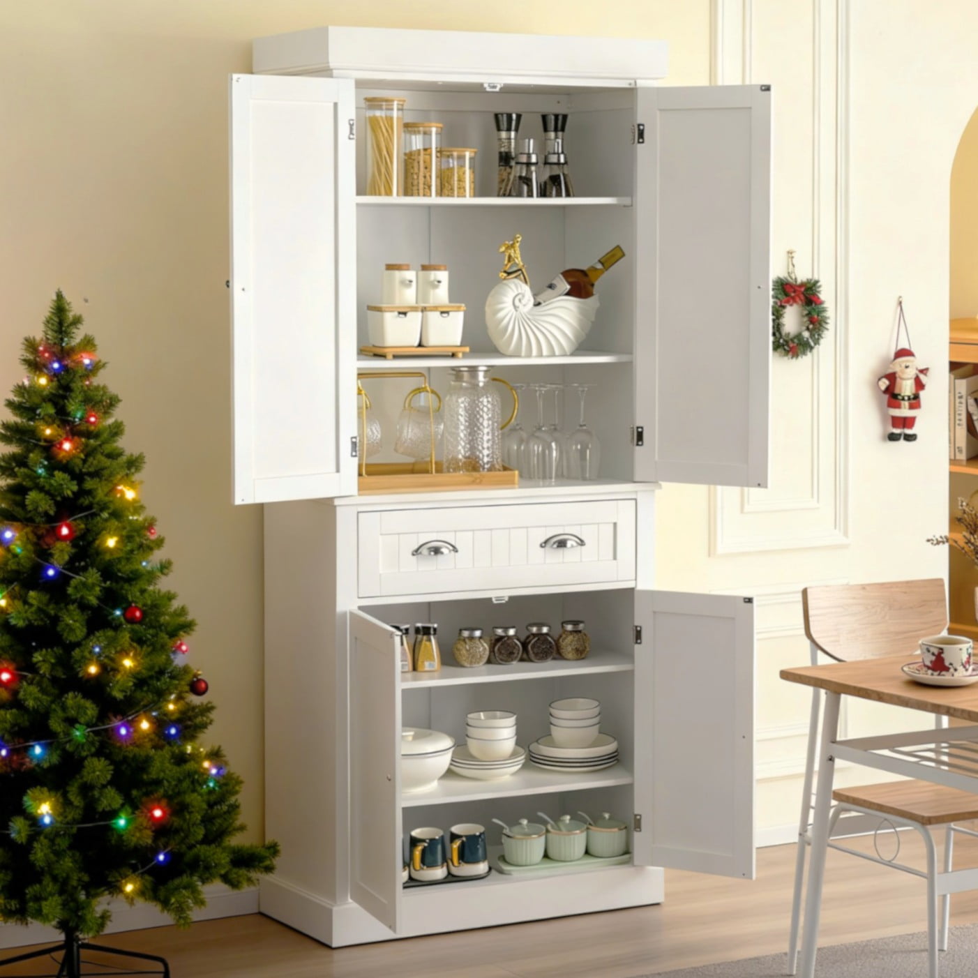 Ktaxon 72" Kitchen Pantry Storage Cabinet with 4 Doors Large Drawer and Adjustable Shelves for Living Room, White