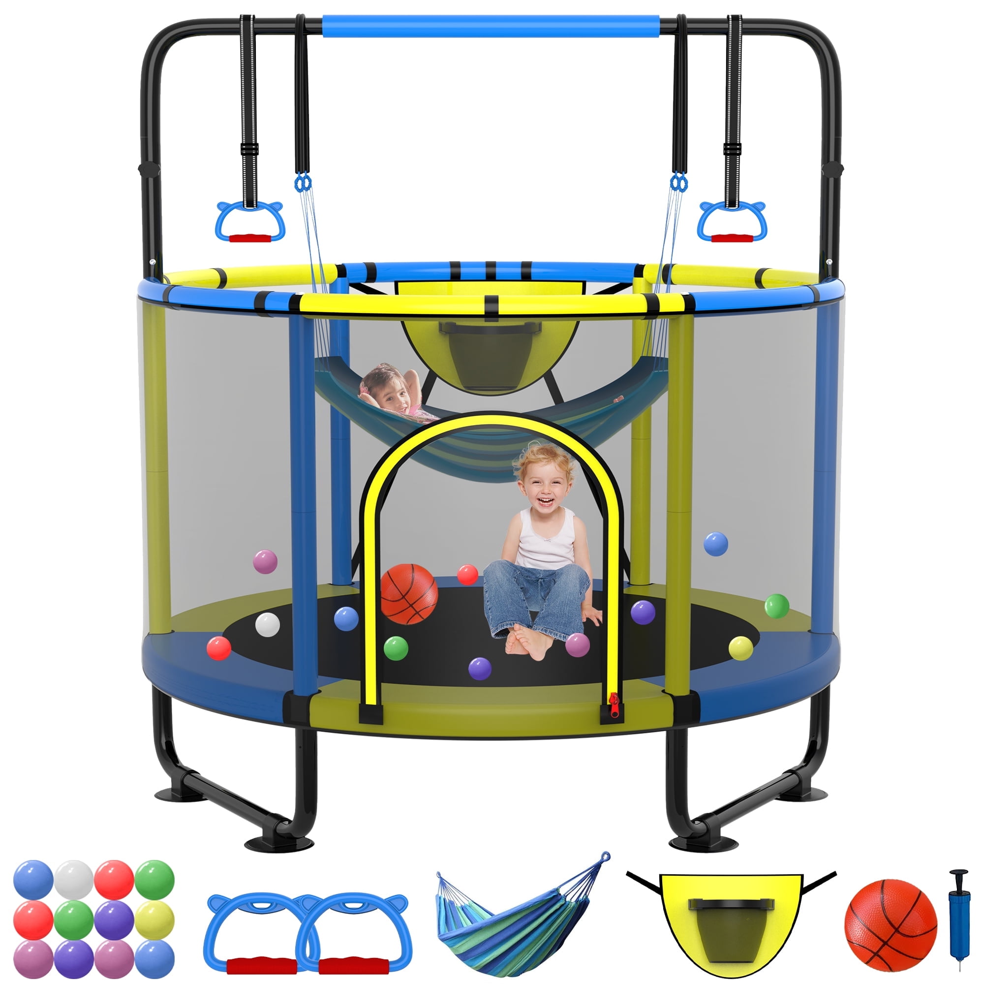 Kumix Trampoline for Kids 60'', Mini Trampoline for Toddlers with Enclosure, Swings, Basketball Hoop, Adjustable Bars and Rings, 400LBS No-Gap Indoor/Outdoor Small Trampoline for Boys & Girls Gifts