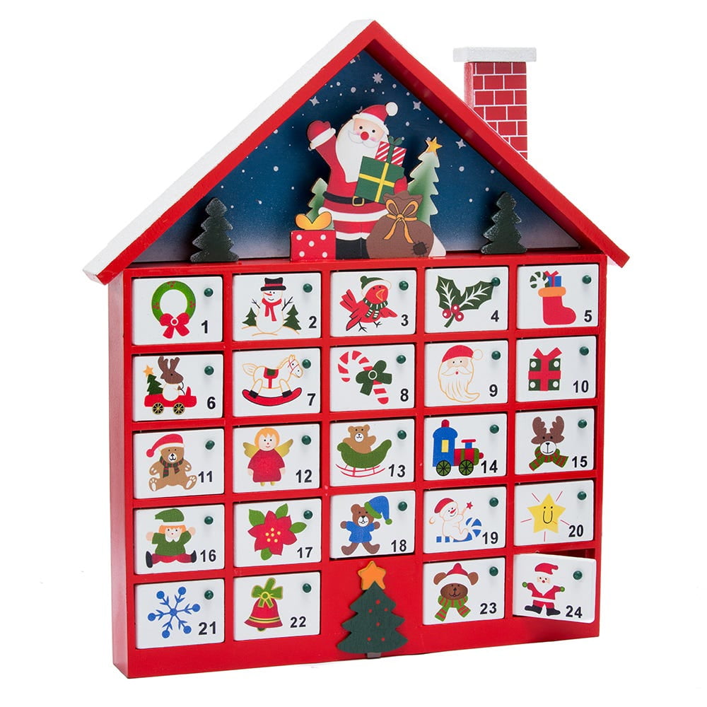 Kurt Adler C6300 Wooden Santa House Advent Calendar W/O Ornaments, 16-Inch