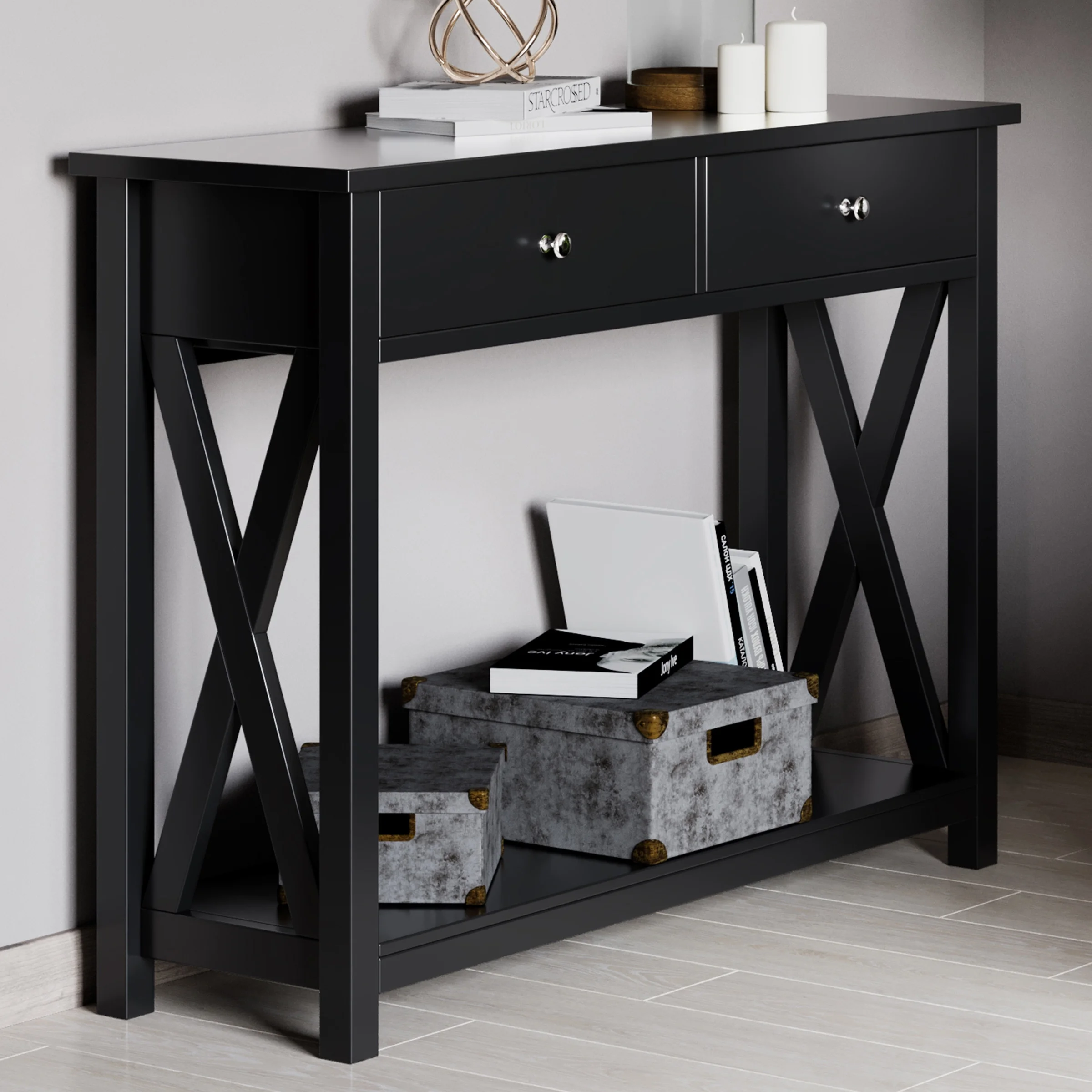 Lavish Home Console 2-Tier Entryway Table with Two Drawers, Storage Shelf, and X-Braced Legs, Black