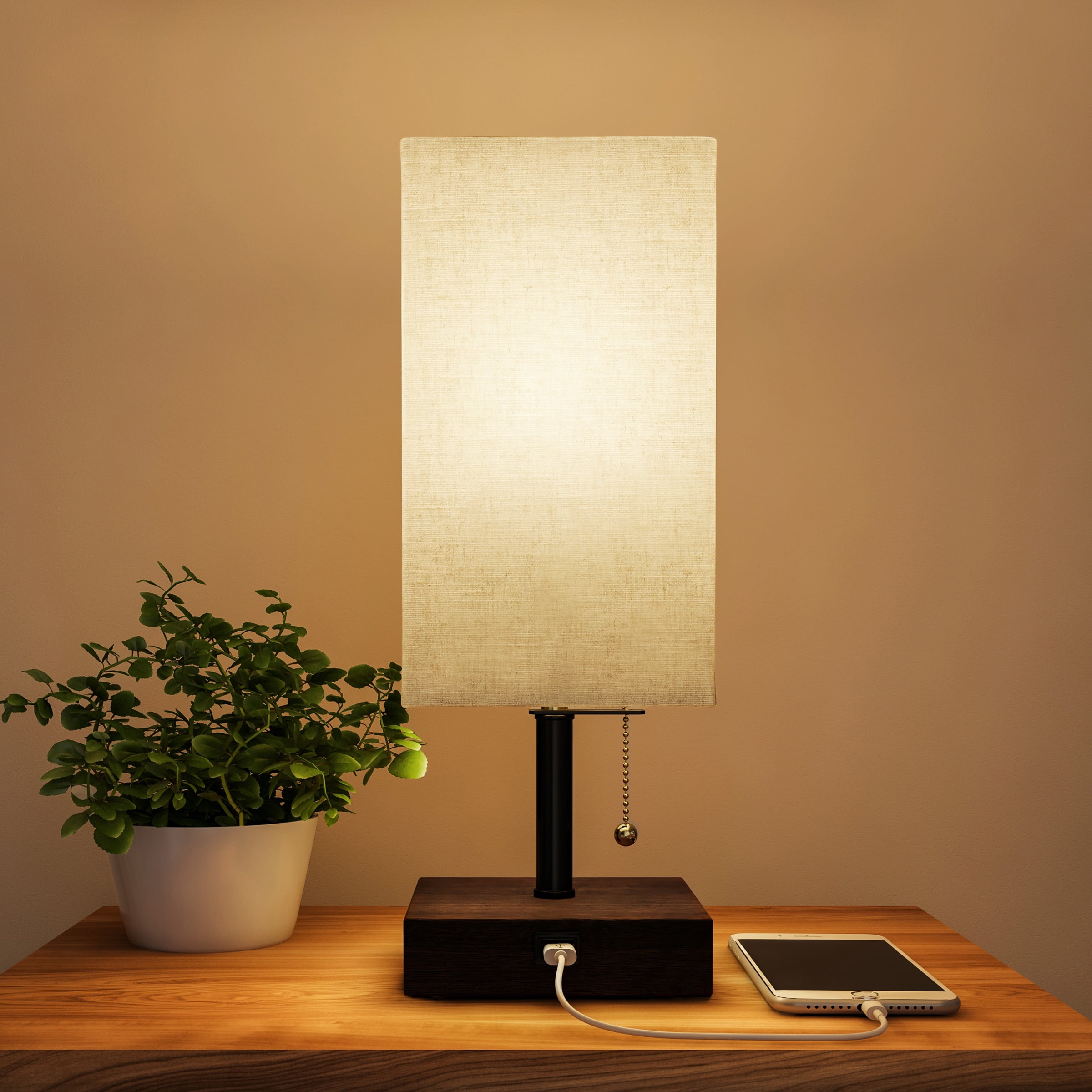 Lavish Home Rectangle Bedside Lamp with Wood Base - Modern Desk Light, LED Bulb Included, USB Port