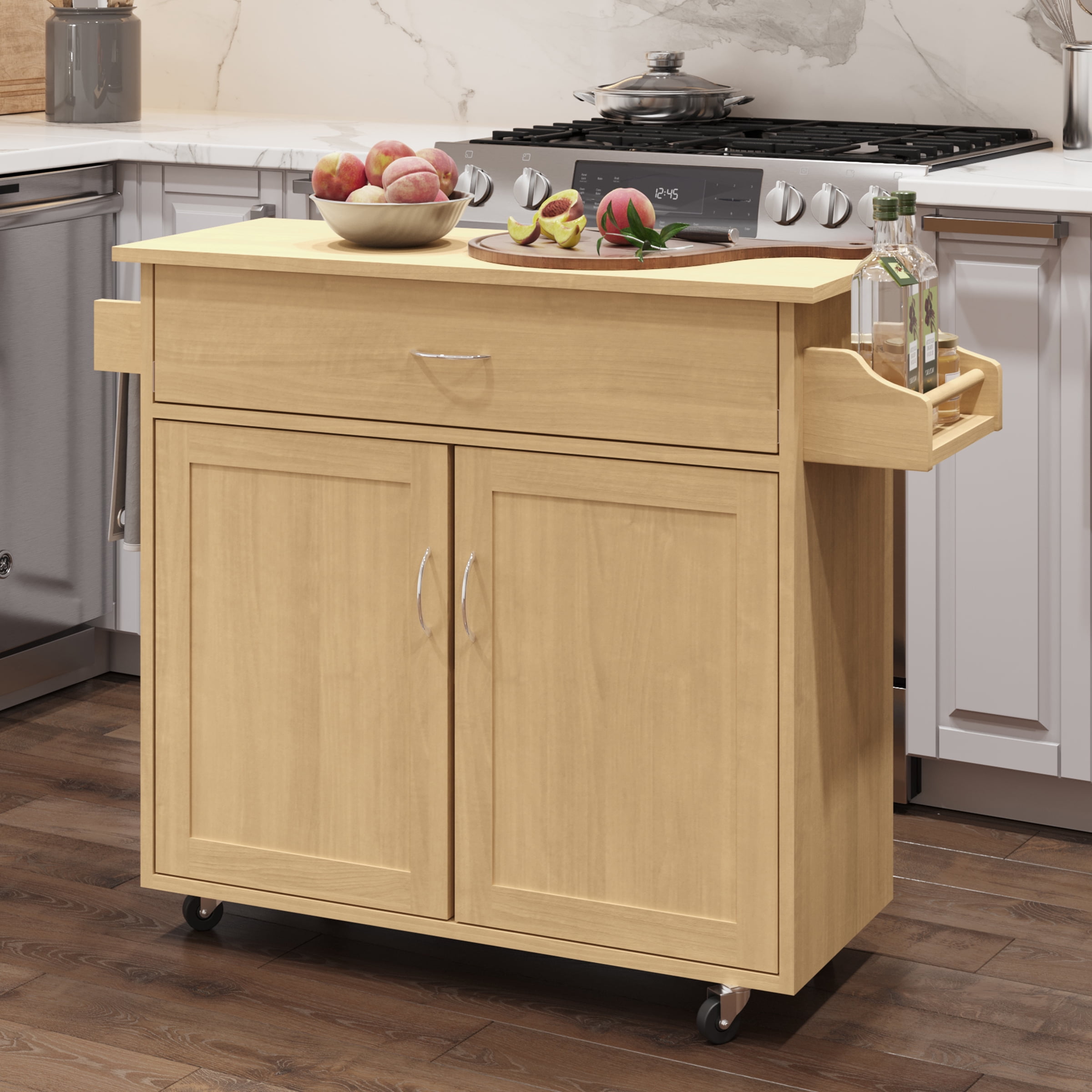 Lavish Home Rolling Kitchen Island with Spice Rack and Storage Cabinet, Oak