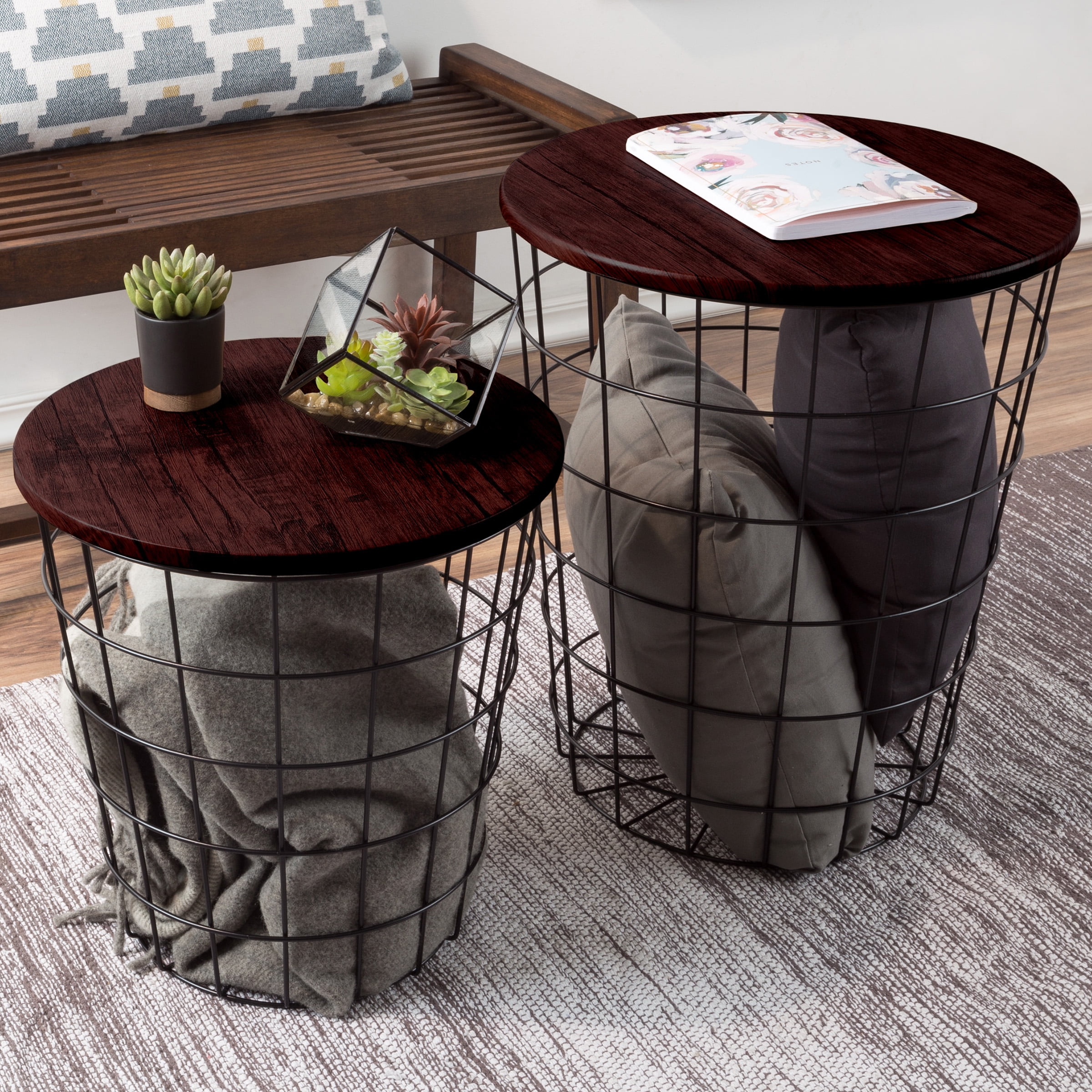 Lavish Home Set of 2 End Tables, Nesting Tables with Removable Wood Tops and Metal Basket Bases for Living Room or Home Office, Cherry/Black