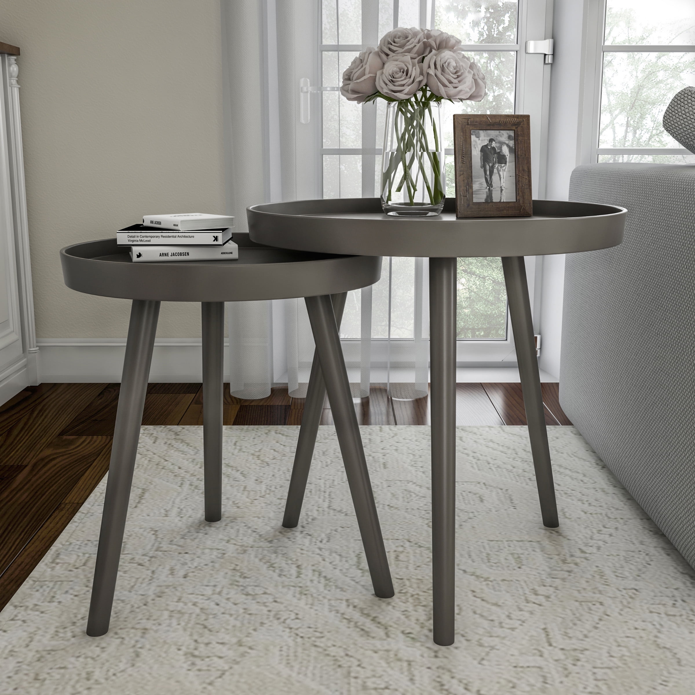 Lavish Home Set of 2 Round Nesting End Tables with Tray Tops, Gray
