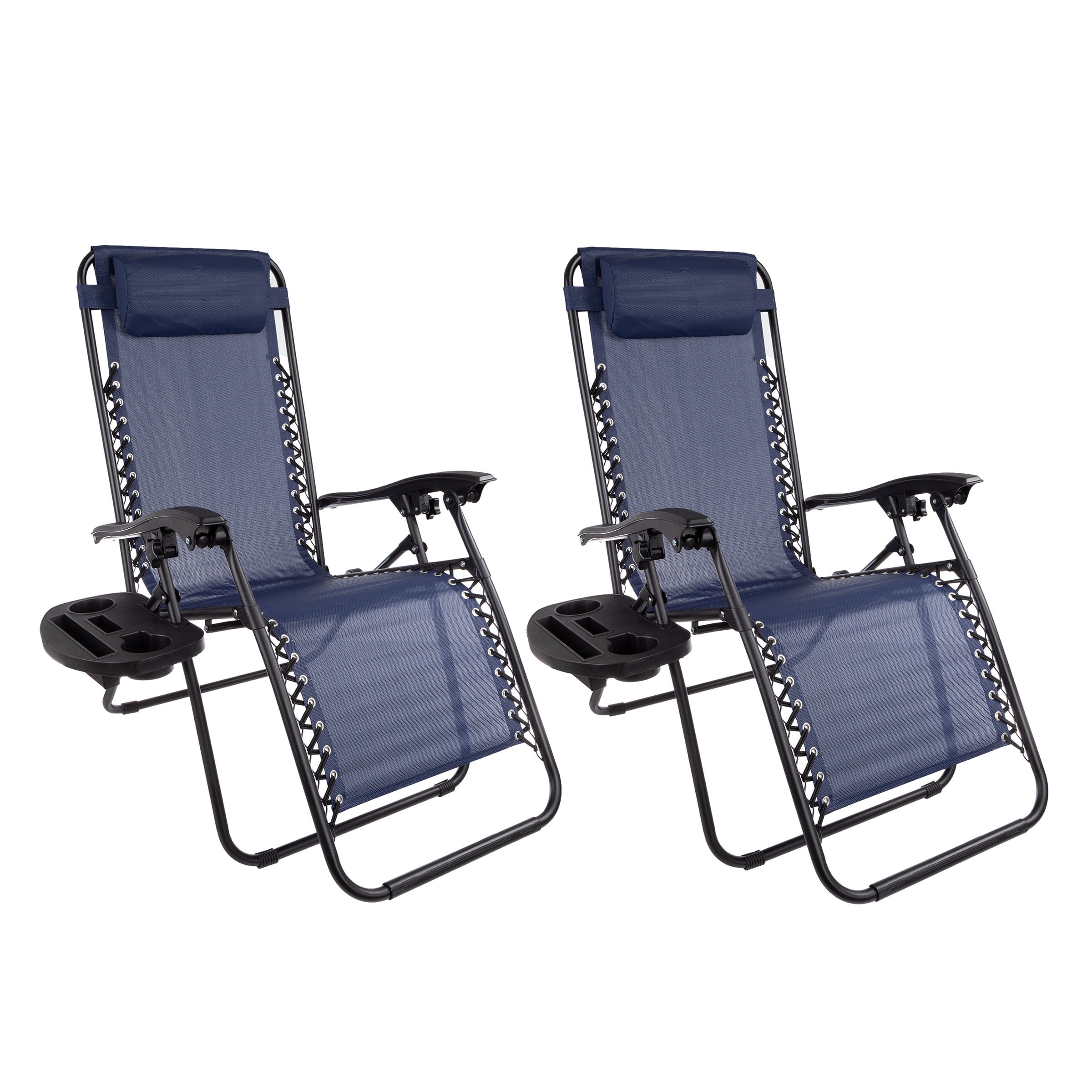 Lavish Home Zero Gravity Lounge Chairs - Set of 2 - Folding Anti-Gravity Recliners - Side Table Cup Holder & Pillow, Navy Blue