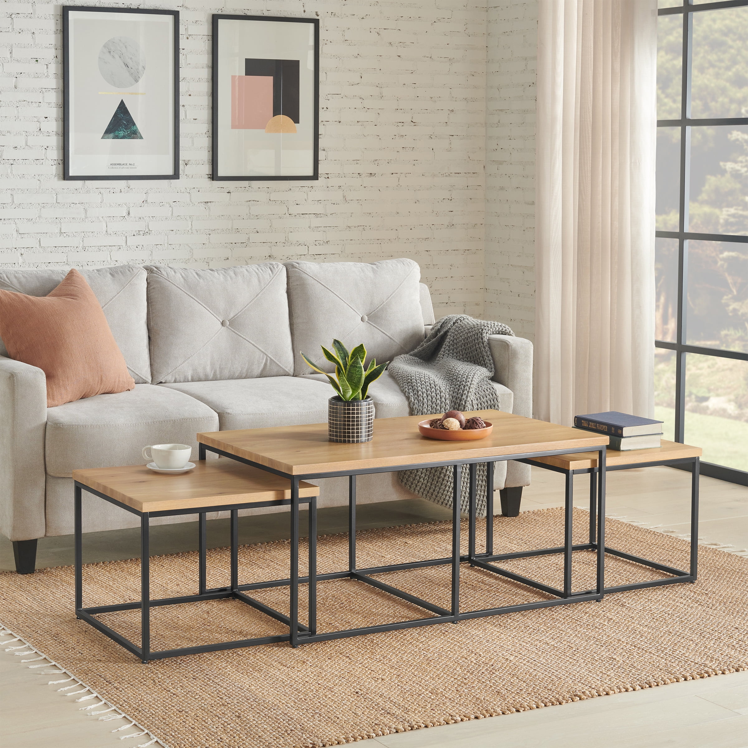 Lavish Home 3PC Modern Nesting Coffee Table Set with 2 Side Tables (Walnut)