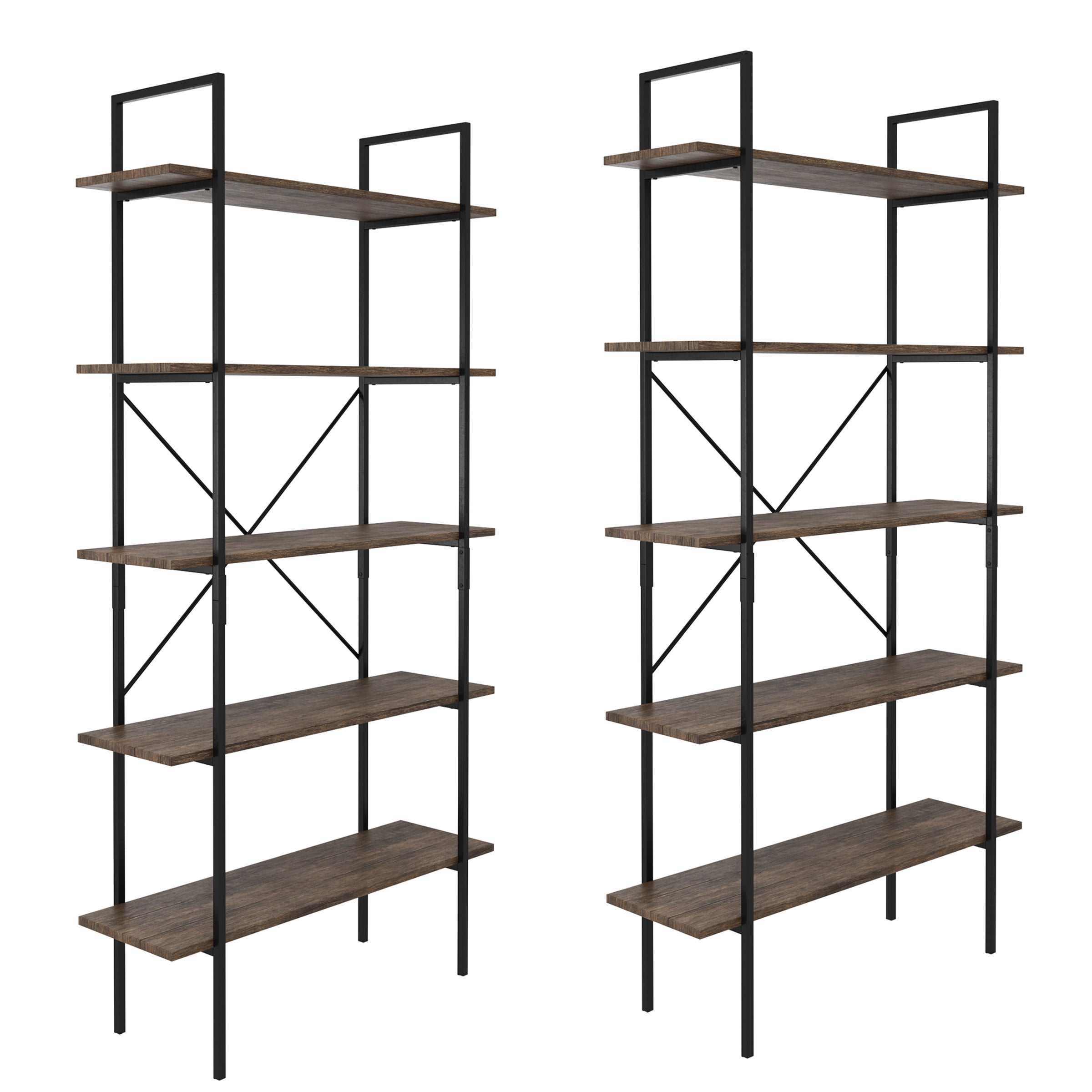 Lavish Home 5-Tier Bookshelf Industrial Style Freestanding Wooden Bookcases, Brown Woodgrain, Set of 2