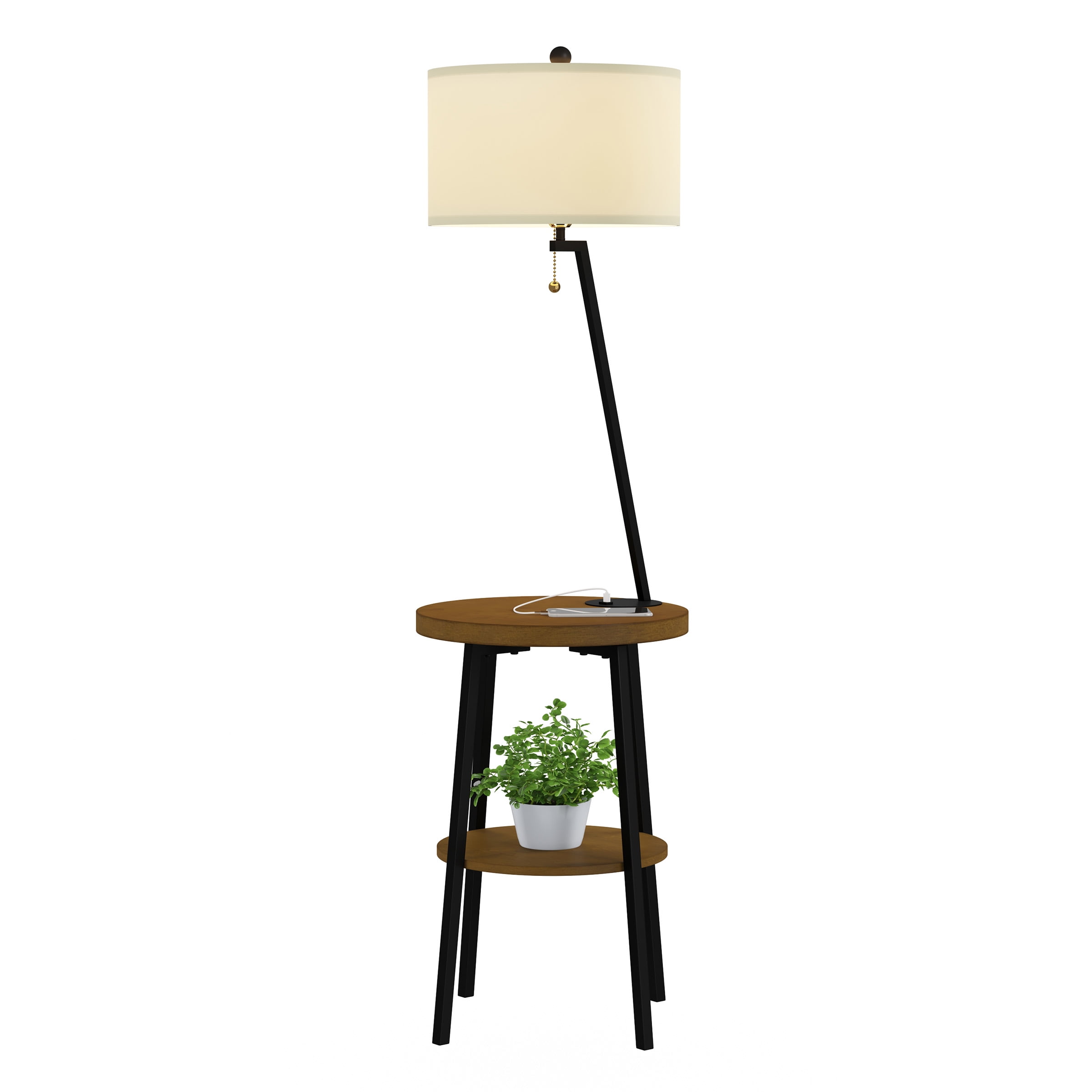 Lavish Home 58-inch Floor Lamp with Table - Mid-Century Nightstand with USB Charging Port and Drum Shade