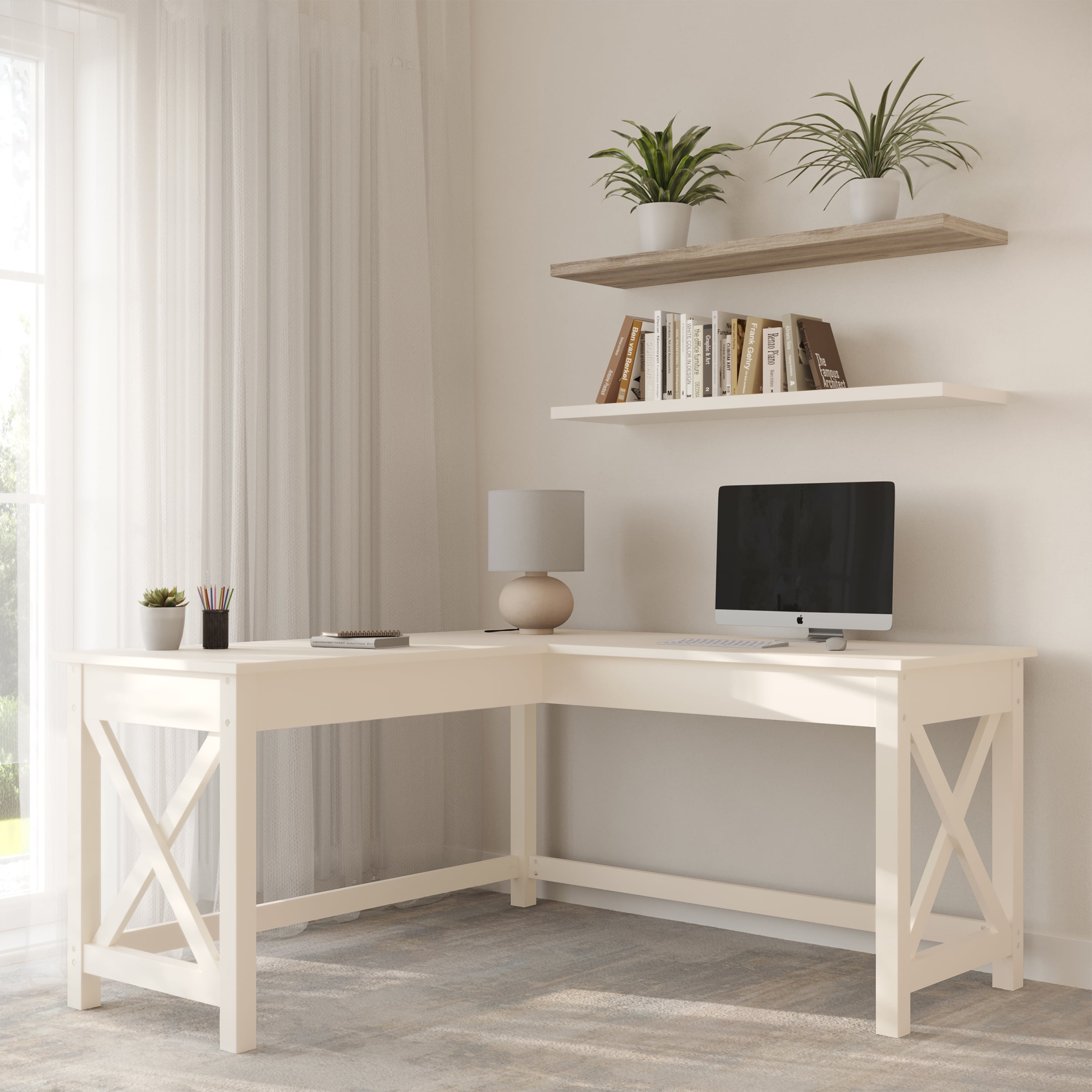 Lavish Home L-Shaped Computer Desk with X-Pattern Legs (White)