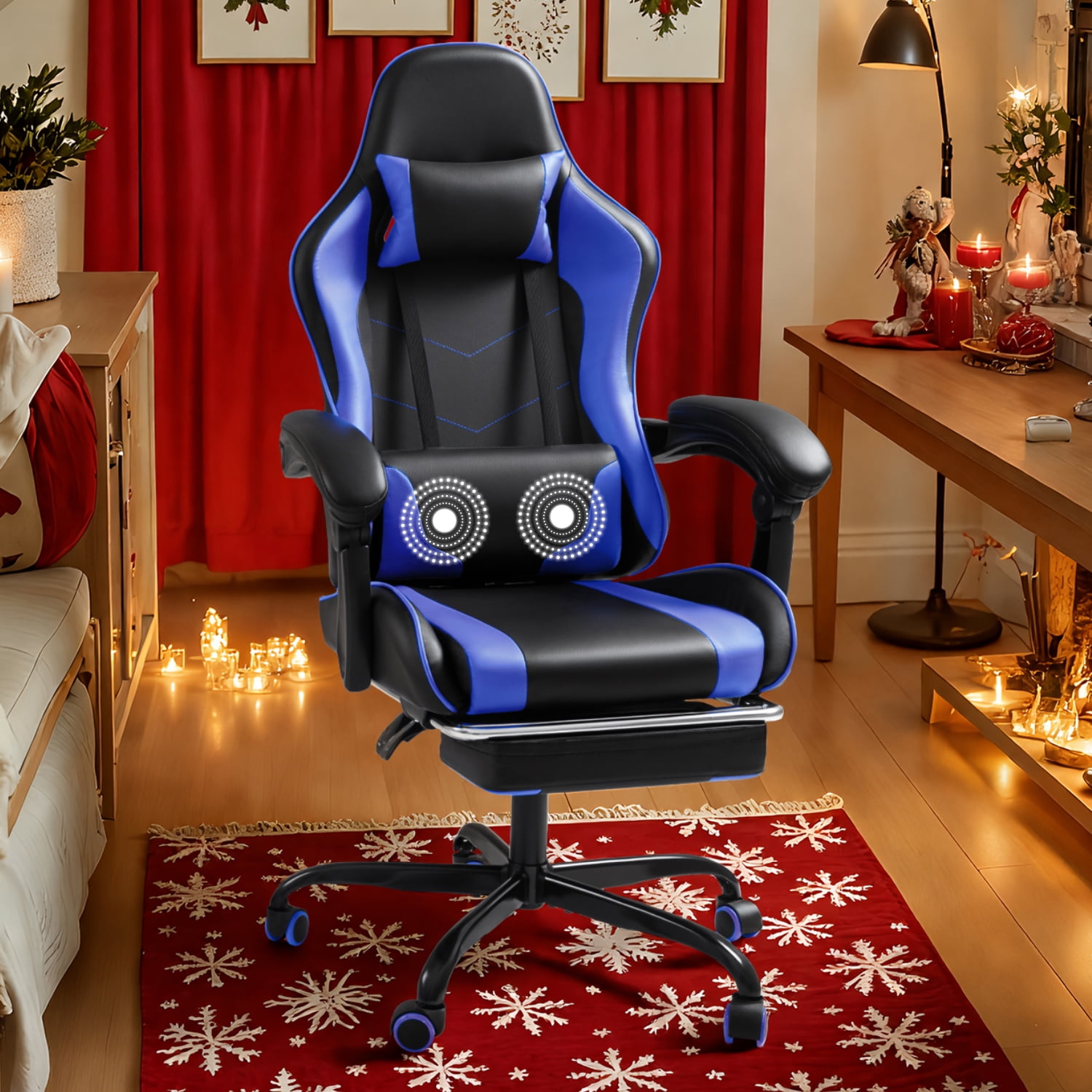Lacoo PU Leather Gaming Chair Massage Ergonomic Gamer Chair Height Adjustable Computer Chair with Footrest & Lumbar Support, Blue