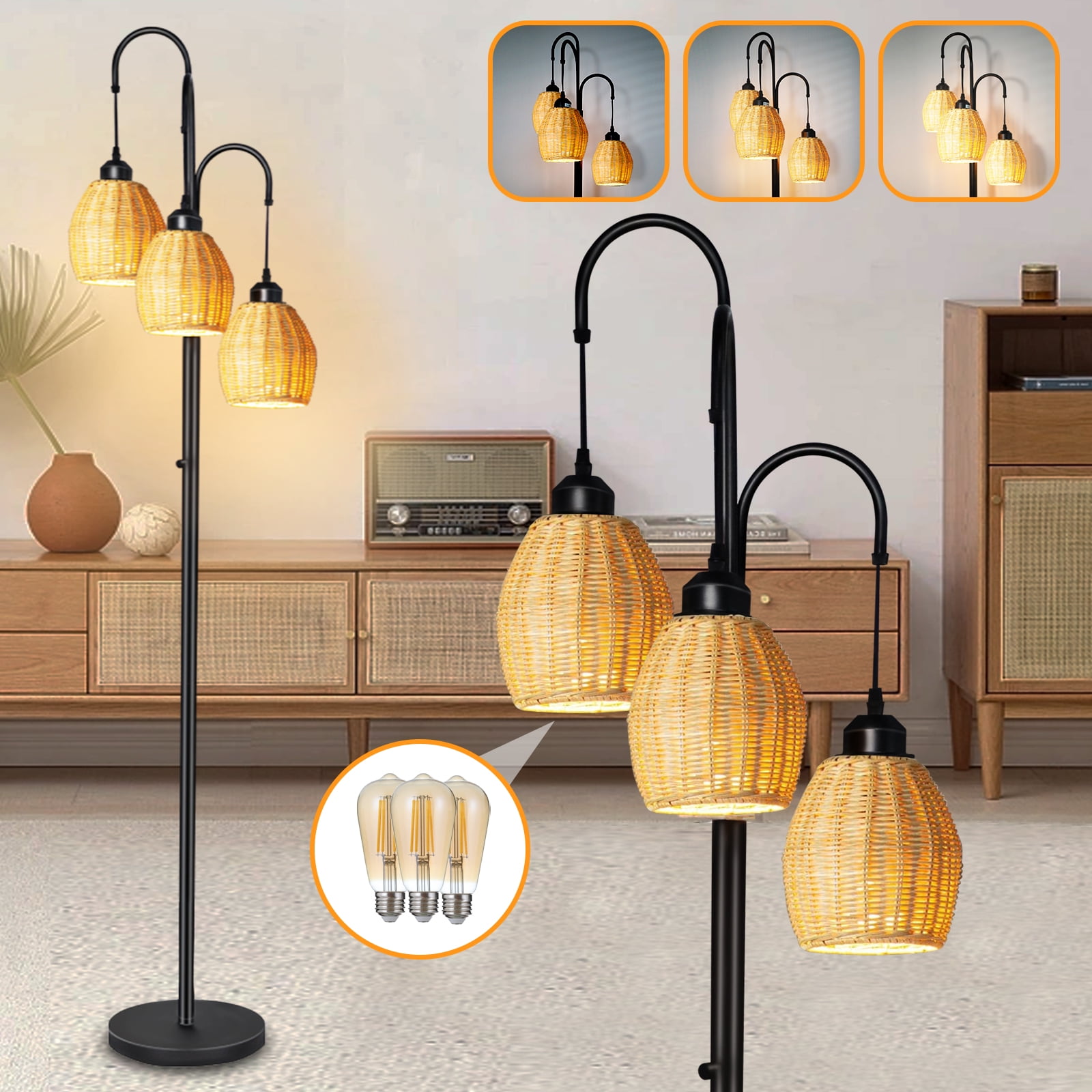 Lambaolom Rattan Boho Floor Lamp: Stepless Dimmable for Living Room, 3-Light Tree Design, Includes 3 Pcs 6W LED Bulbs