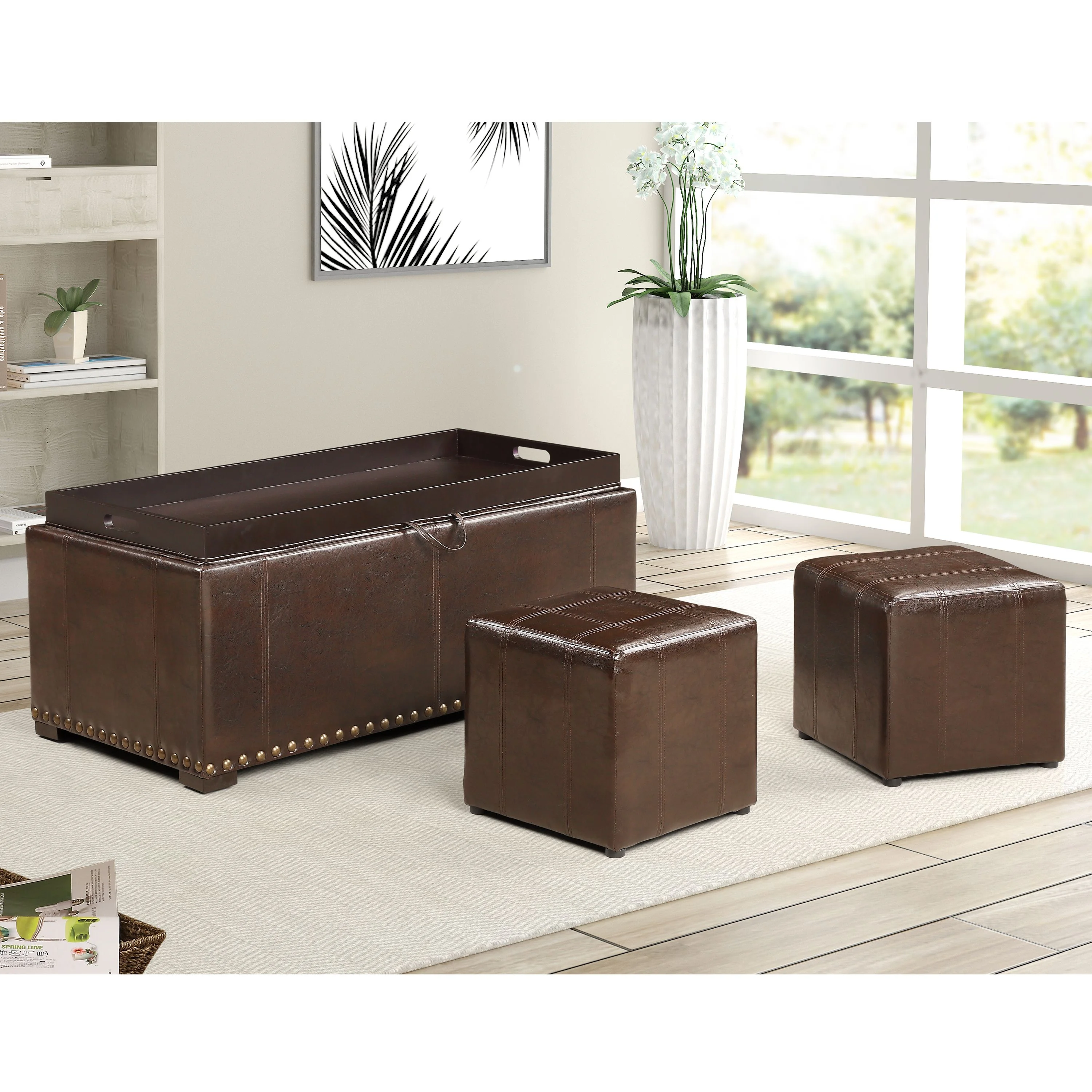Leather Storage Bench with 2 Side Ottomans, Brown