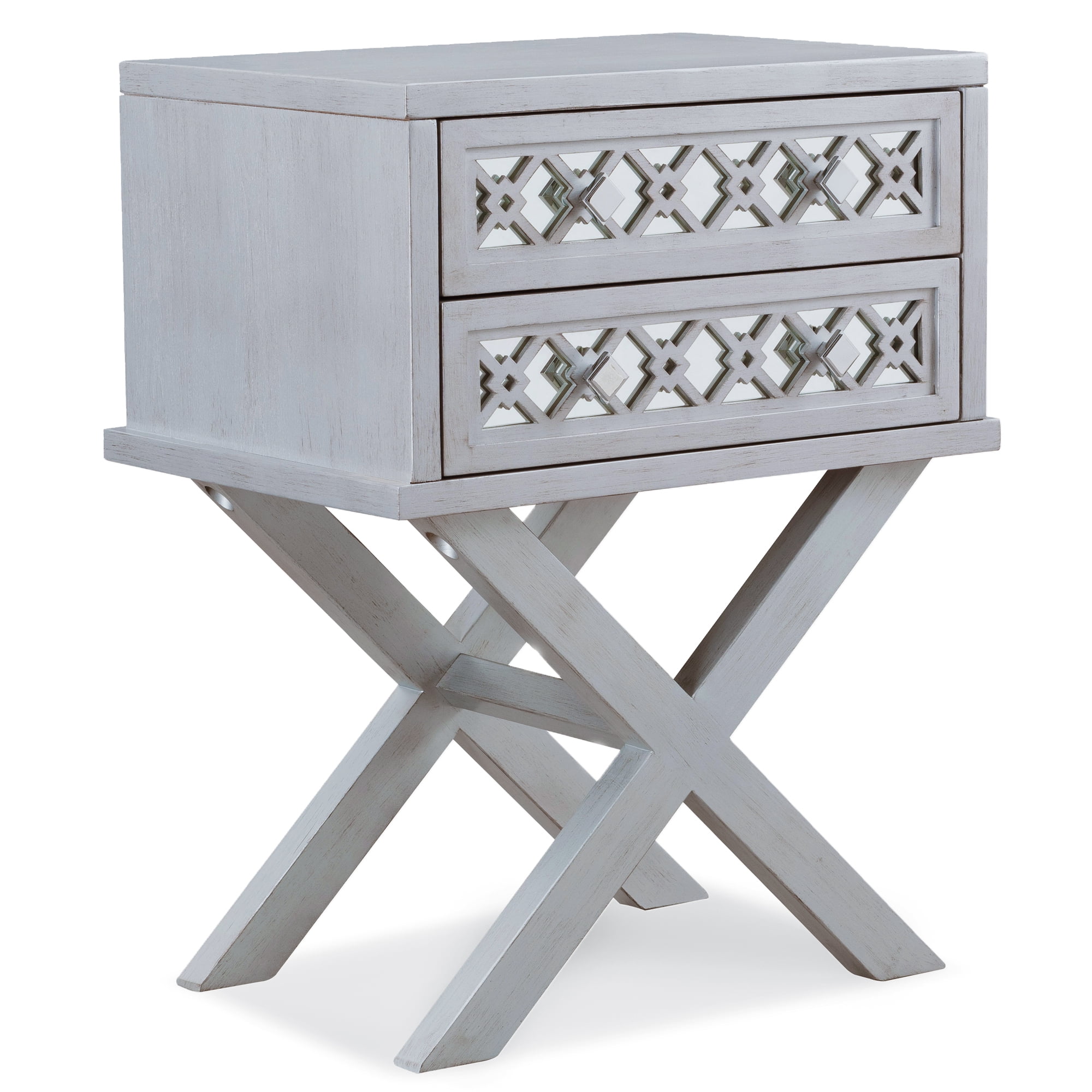 Leick Home 10082-SV Mirrored Diamond Filigree Two Drawer X Base Nightstand Side Table, Silver Leaf