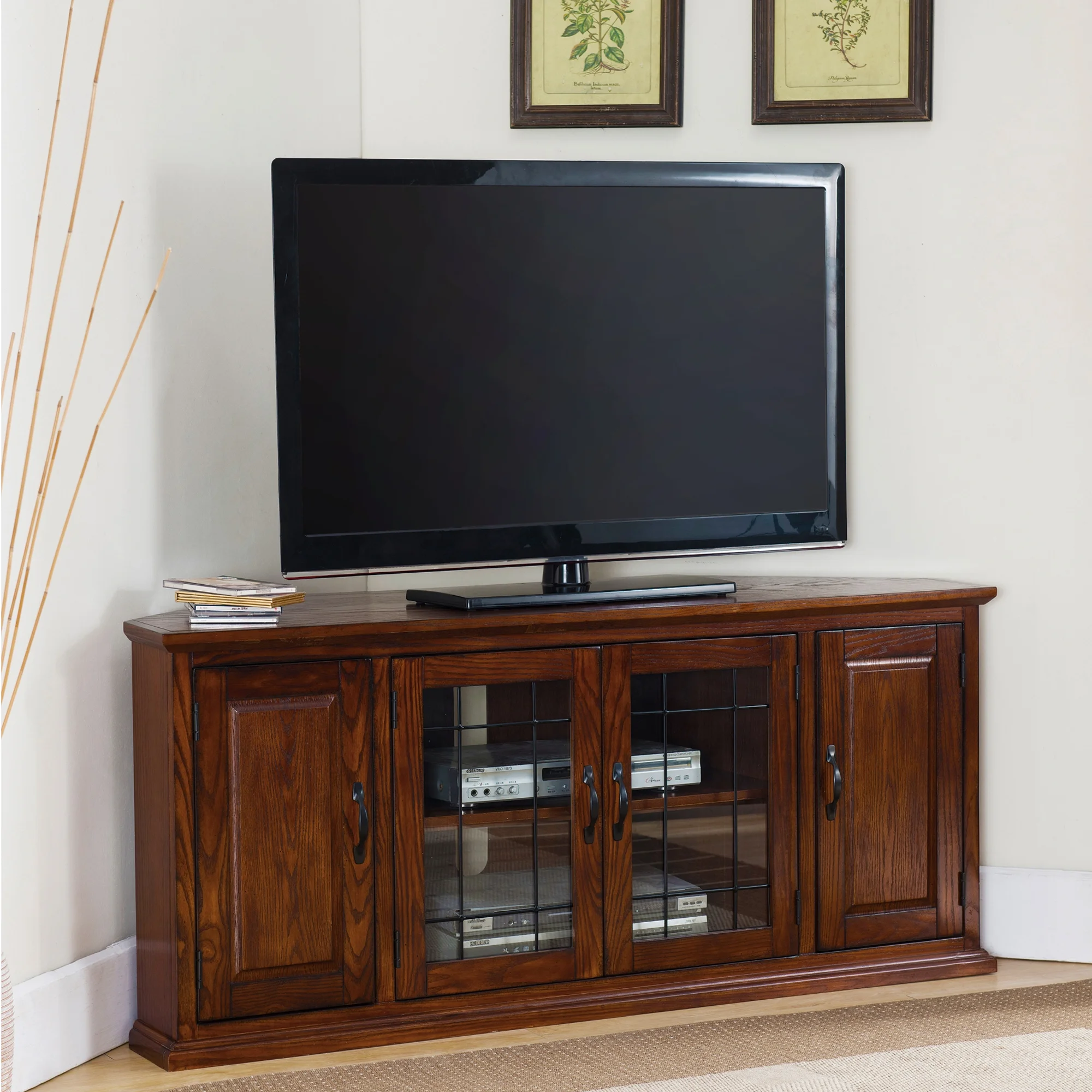 Leick Home Burnished Oak Corner TV Stand with Enclosed Storage for TVs up to 60 inches