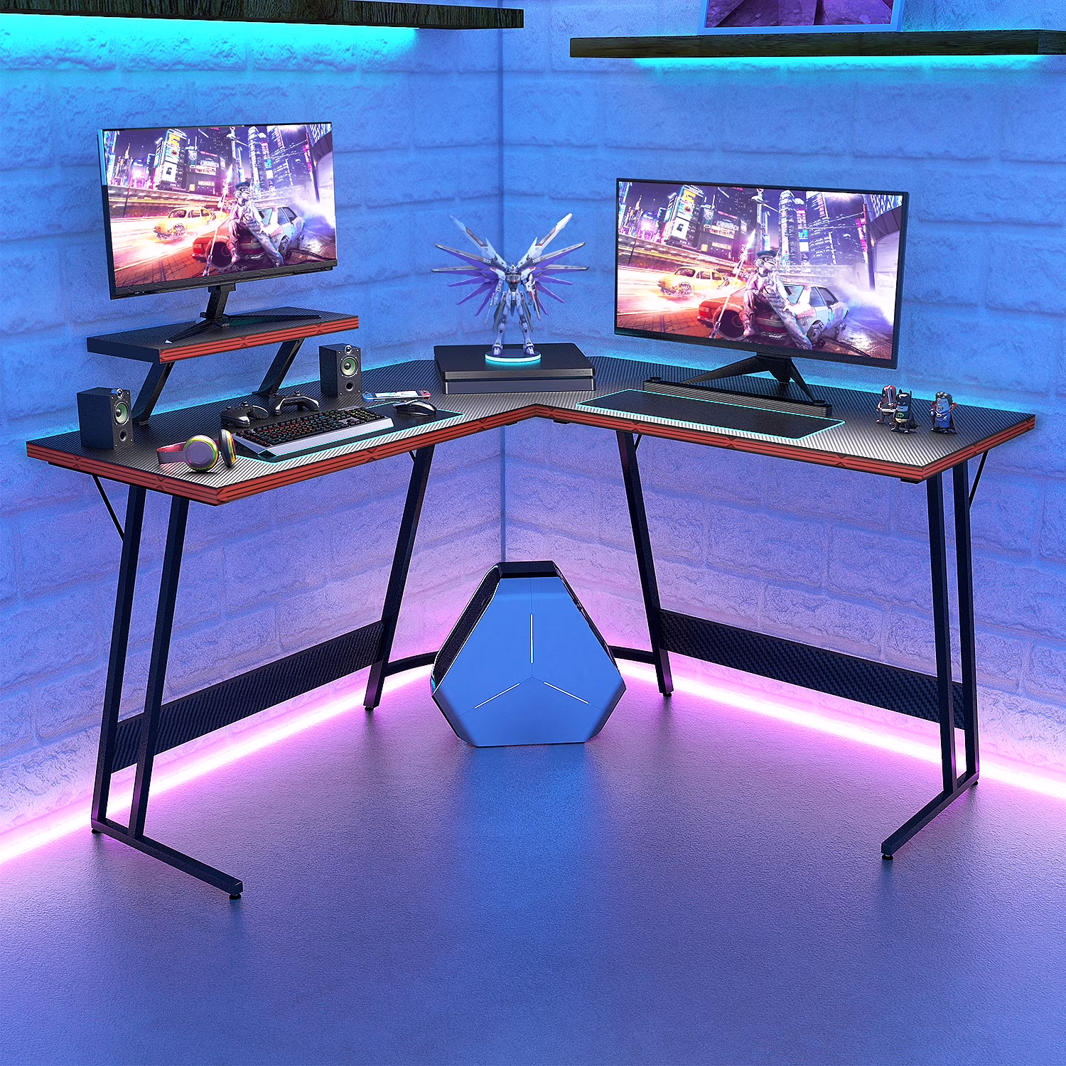 Lacoo 51.2“ Gaming Desk L-shaped Carbon Fiber Surface Gaming Corner Desk Table, Black