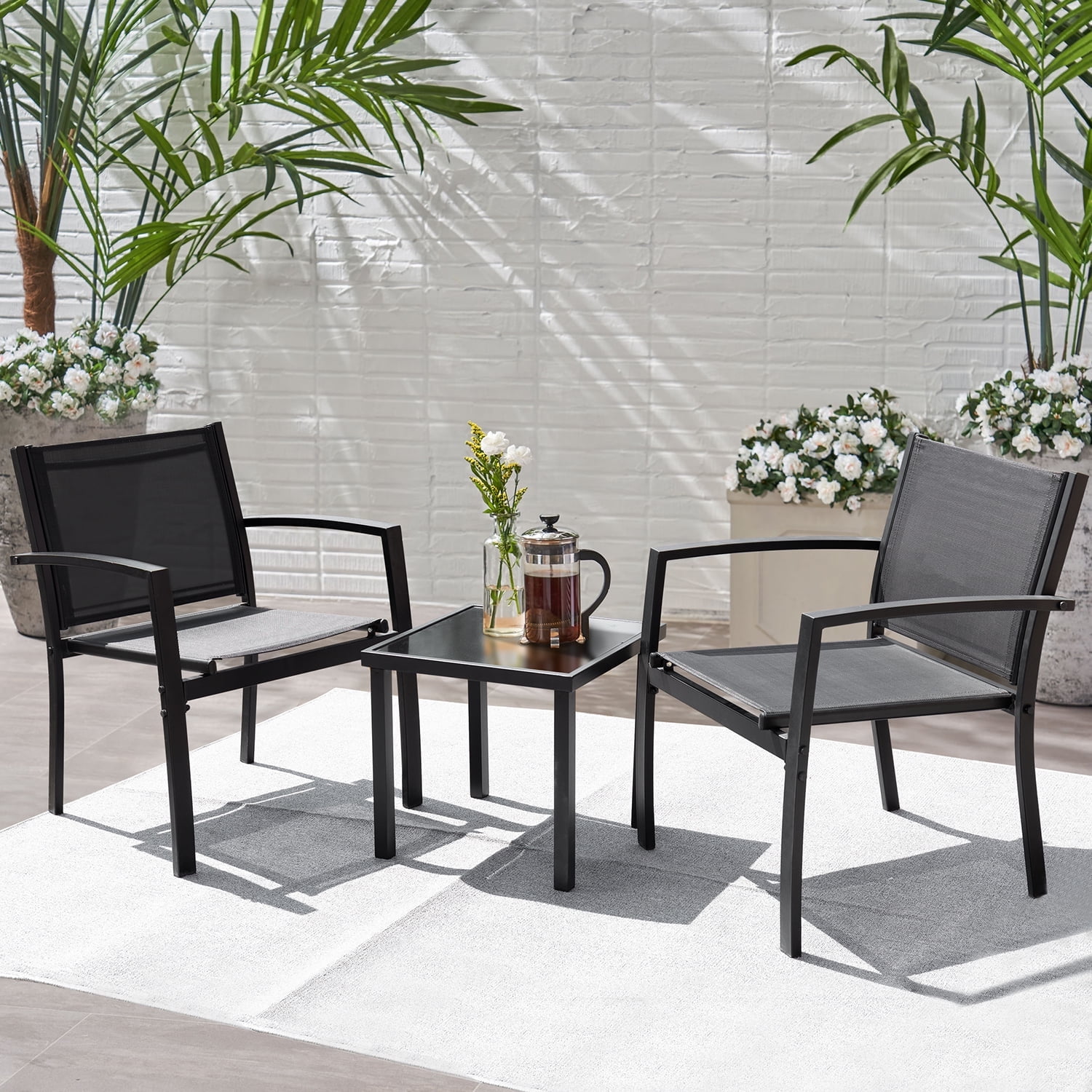 LACOO 3 Pieces Patio Conversation Set Textilene Fabric & Steel Frame Bistro Chair Set Outdoor Furniture Set with Table, Black,