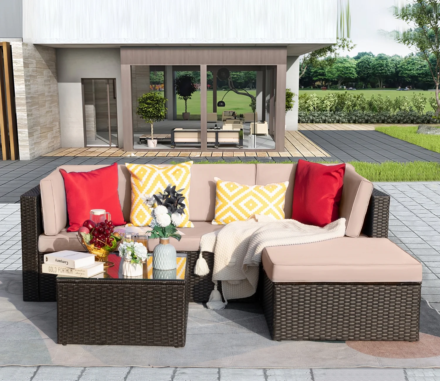 LACOO 5 Pieces Patio Rattan Sectional Set Outdoor Conversation Set , Beige
