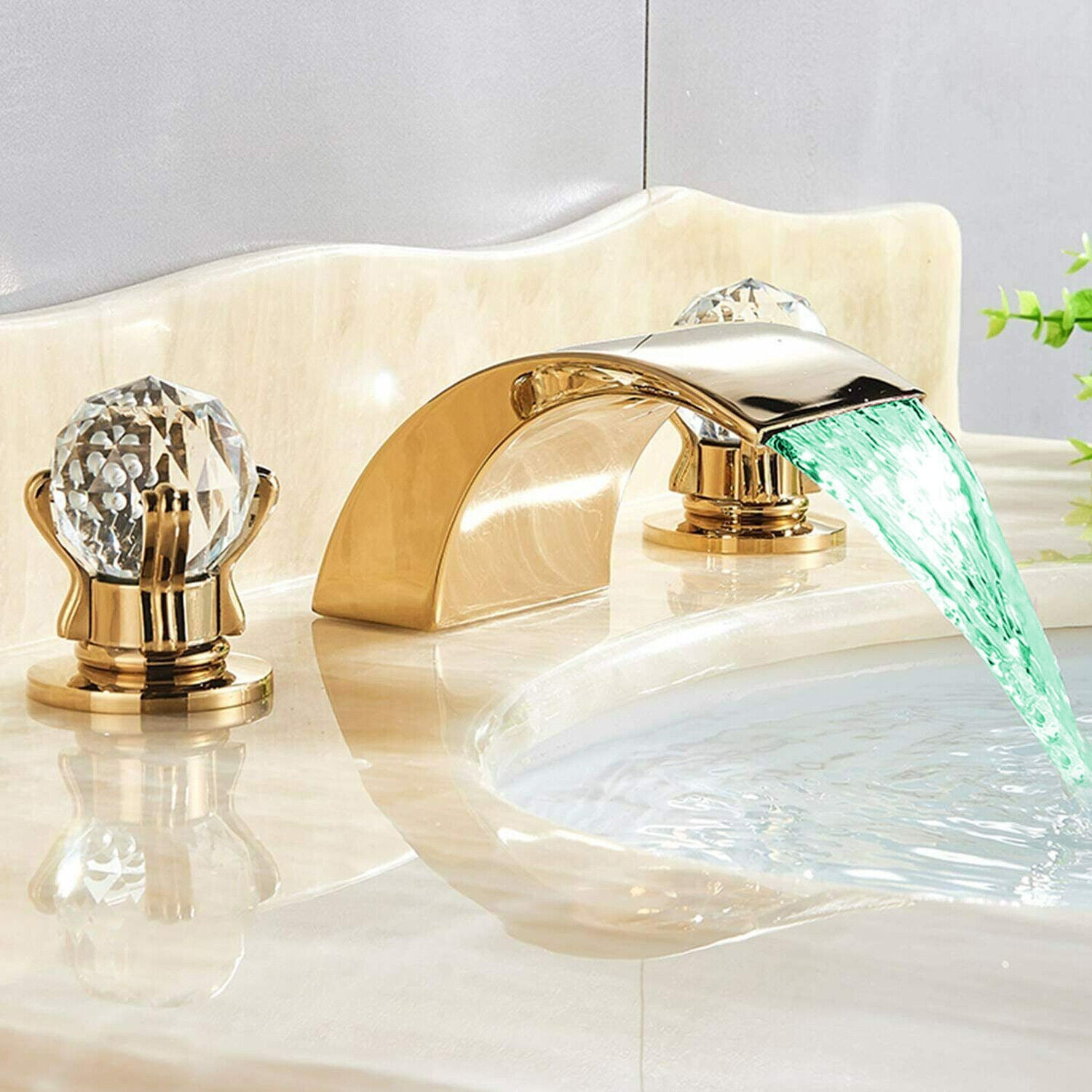 LED Light Waterfall Widespread Bathroom Basin Faucet 2 Crystal Knobs Sink Mixer Tap Gold Polished