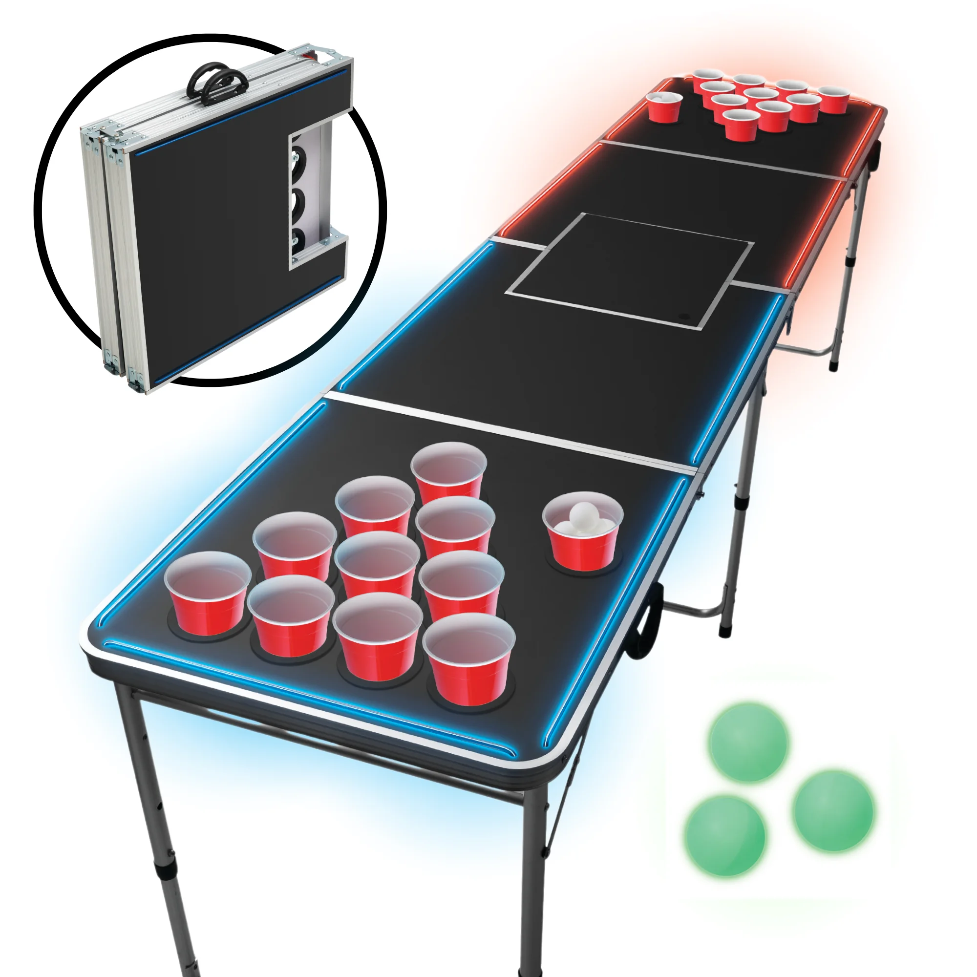 MinnARK Sports LED Portable Pong Table, Folding Party Game Set for Tailgating and Outdoors, 8-Foot Length