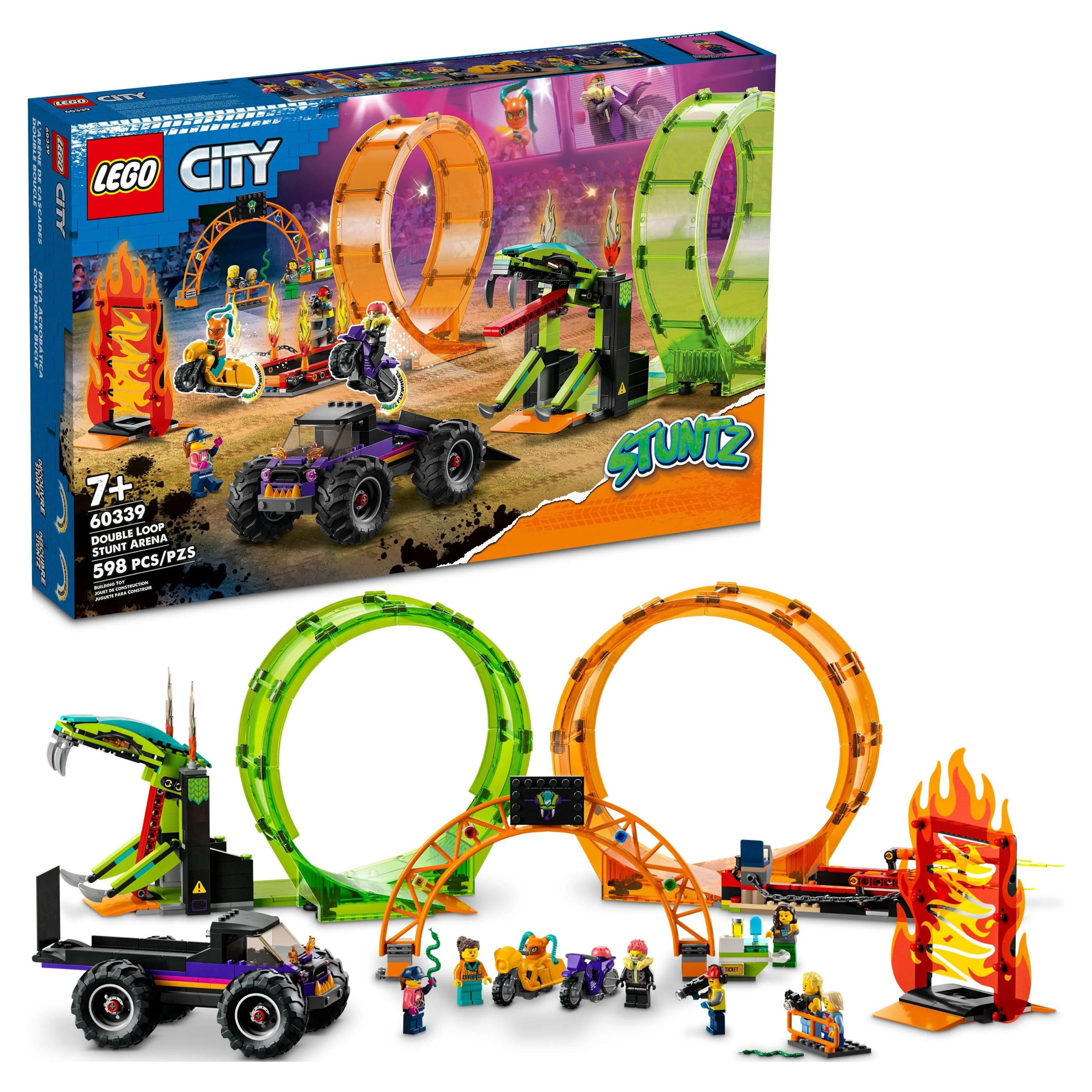 LEGO City Stuntz Double Loop Stunt Arena 60339, Monster Truck Playset with 2 Toy Motorcycles, Ramp, Wall of Flames, Ring of Fire, Snapping Snake Loop and 7 Minifigures, for Kids Ages 7 Plus