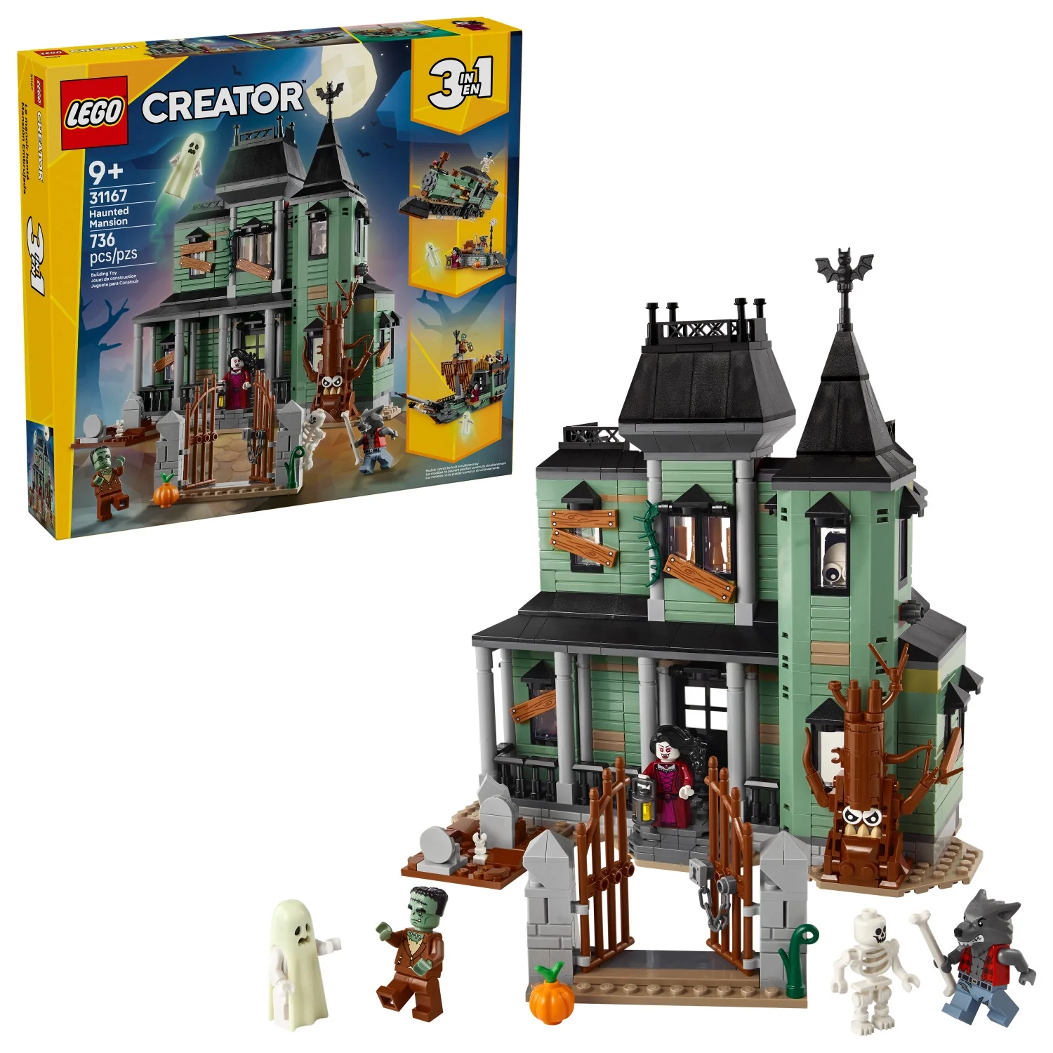 LEGO Creator 3 in 1 Haunted Mansion Building Toy for Kids - Halloween Building Blocks & Learning Toy for Girls & Boys, Ages 9+ - Build a Haunted House, Train, or Ship - Gift for Birthdays - 31167