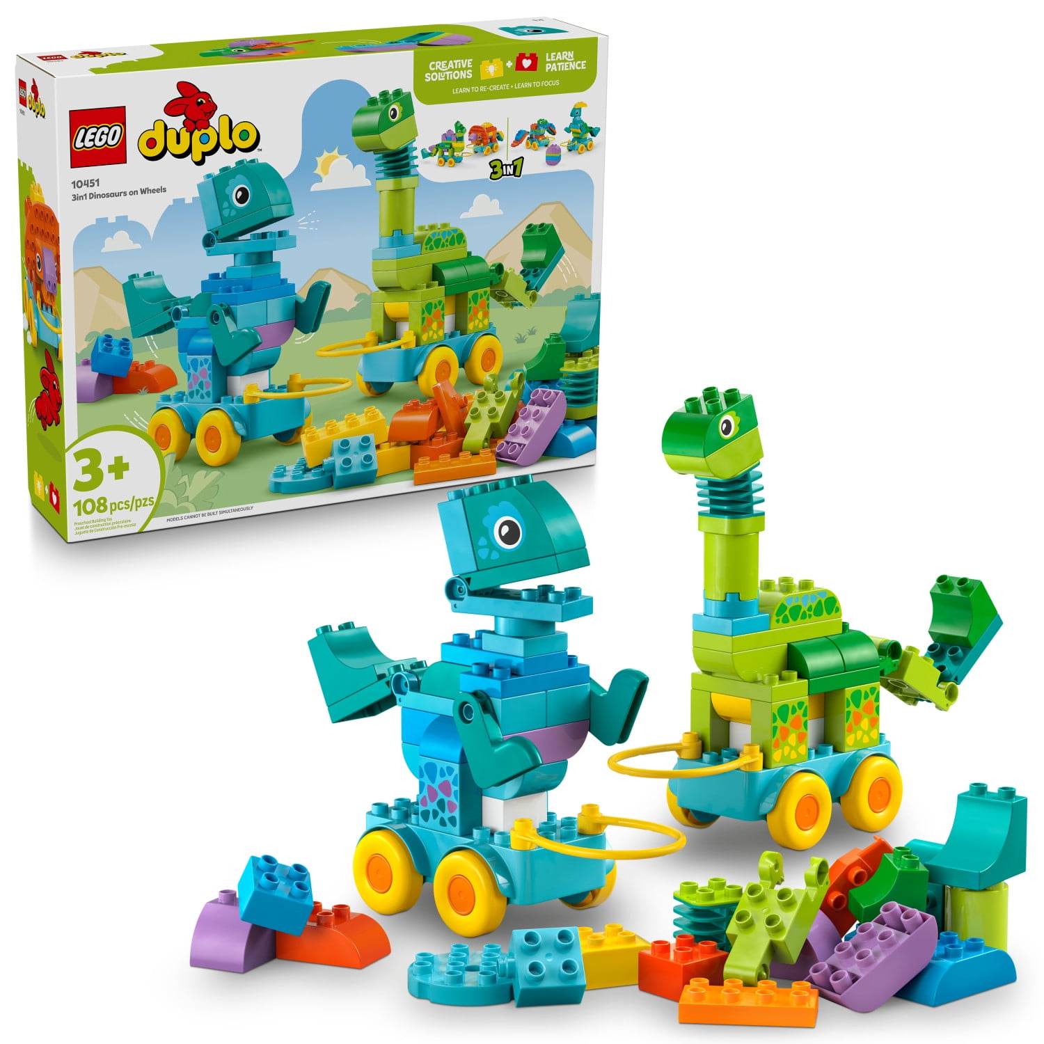 LEGO DUPLO Town 3 in 1 Dinosaurs on Wheels Learning Toy for Toddler Boys & Girls, Ages 3+ - Building & Education Play Set Teaches Problem-Solving Skills Through Play - Preschool Gift Idea - 10451