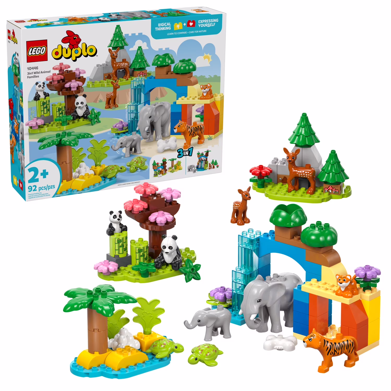 LEGO DUPLO Town 3 in 1 Wild Animal Families Building Toy Playset - Preschool Learning and Educational Animal Toy for Toddlers, Boys and Girls, Ages 2+ - with 10 Animal Figures - Baby Gift - 10446