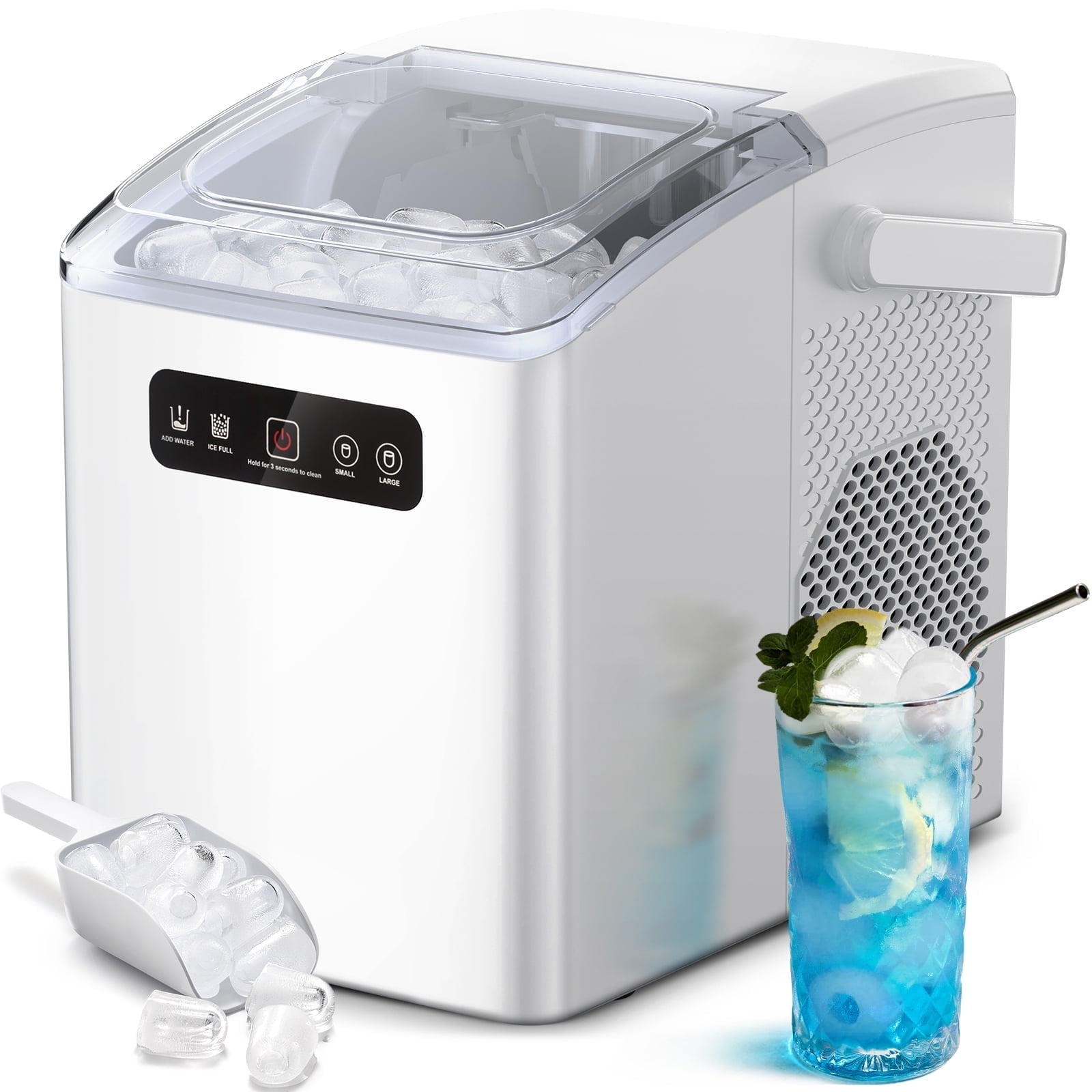 Electactic Countertop Ice Maker, Self-cleaning Portable Ice Maker, Machine with Handle and Ice Scoop, 2 Sizes of Bullet Ice Cubes, for Home/Kitchen/Office, White