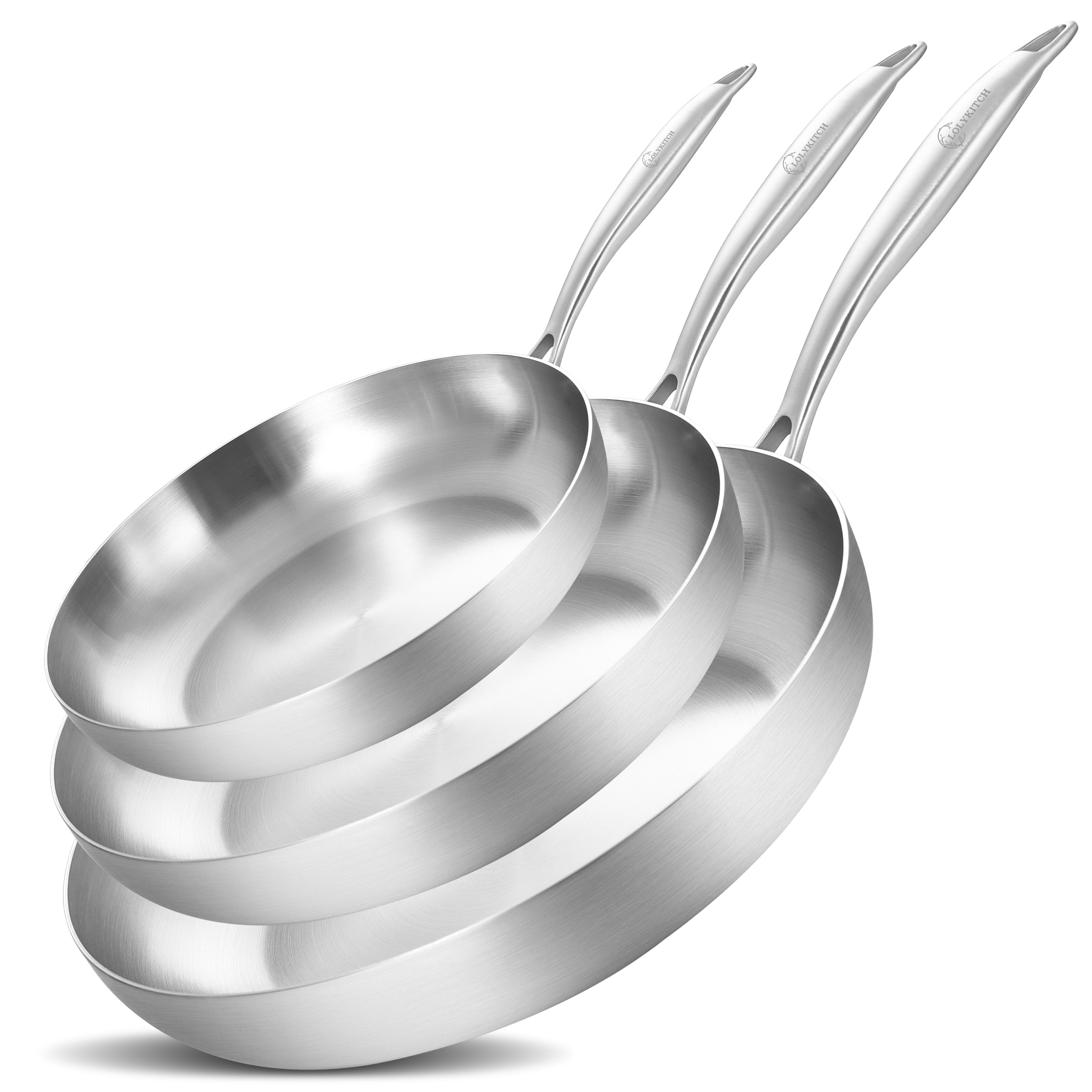 LOLYKITCH Tri-Ply Stainless Steel Pan Set, 8.5-inch, 10-inch, 12-inch Chef & Frying Pan, Induction & Oven Safe