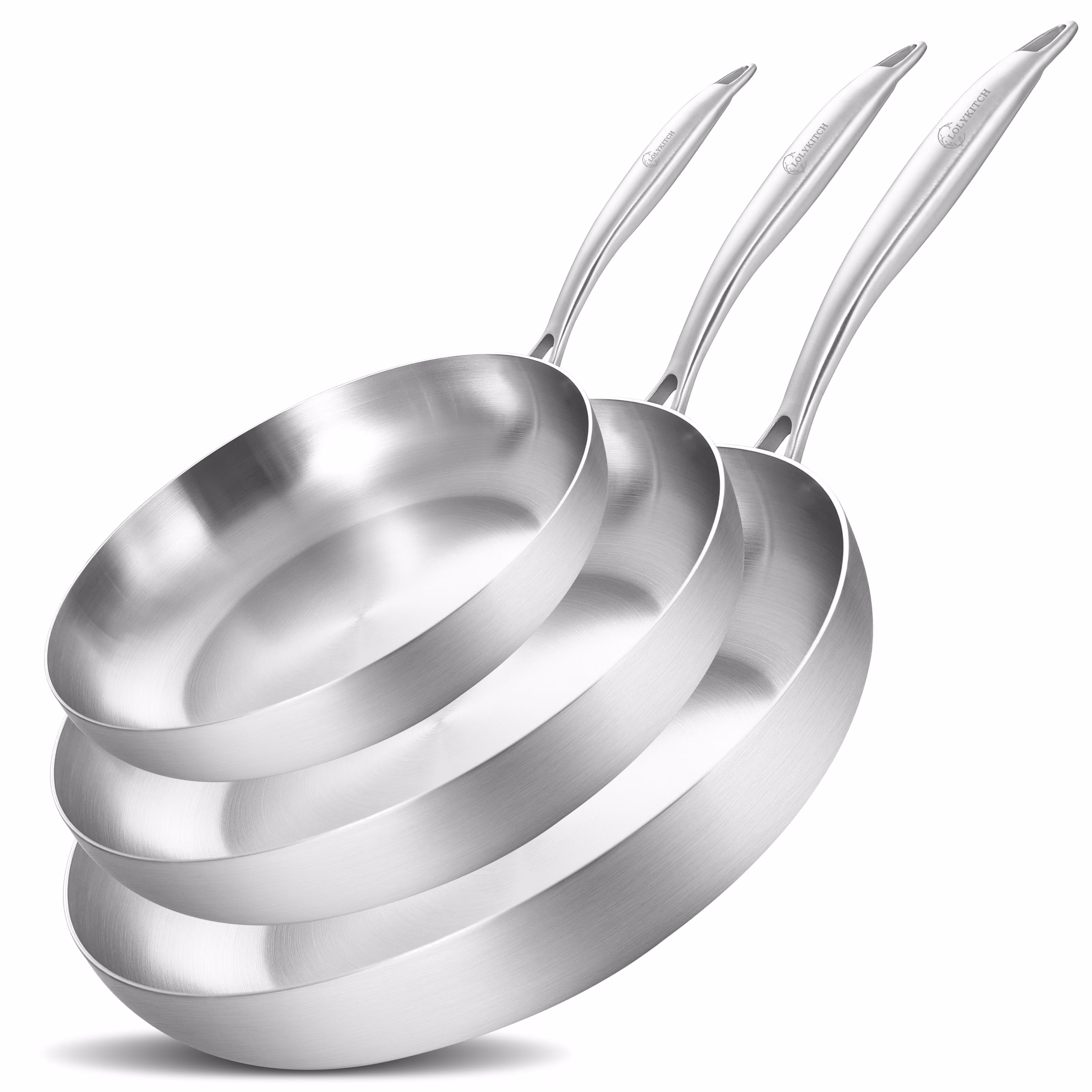 LOLYKITCH Tri-Ply Stainless Steel Pan Set, 8.5-inch, 10-inch, 12-inch Chef & Frying Pan, Induction & Oven Safe