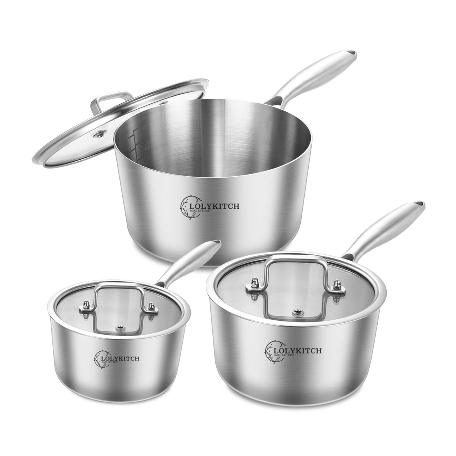LOLYKITCH Tri-ply Stainless Steel Saucepans Set with Lids,Induction Cooking Pots,Dishwasher and Oven Safe,Detachable Handle,1.5QT&2.5QT&3.0QT.