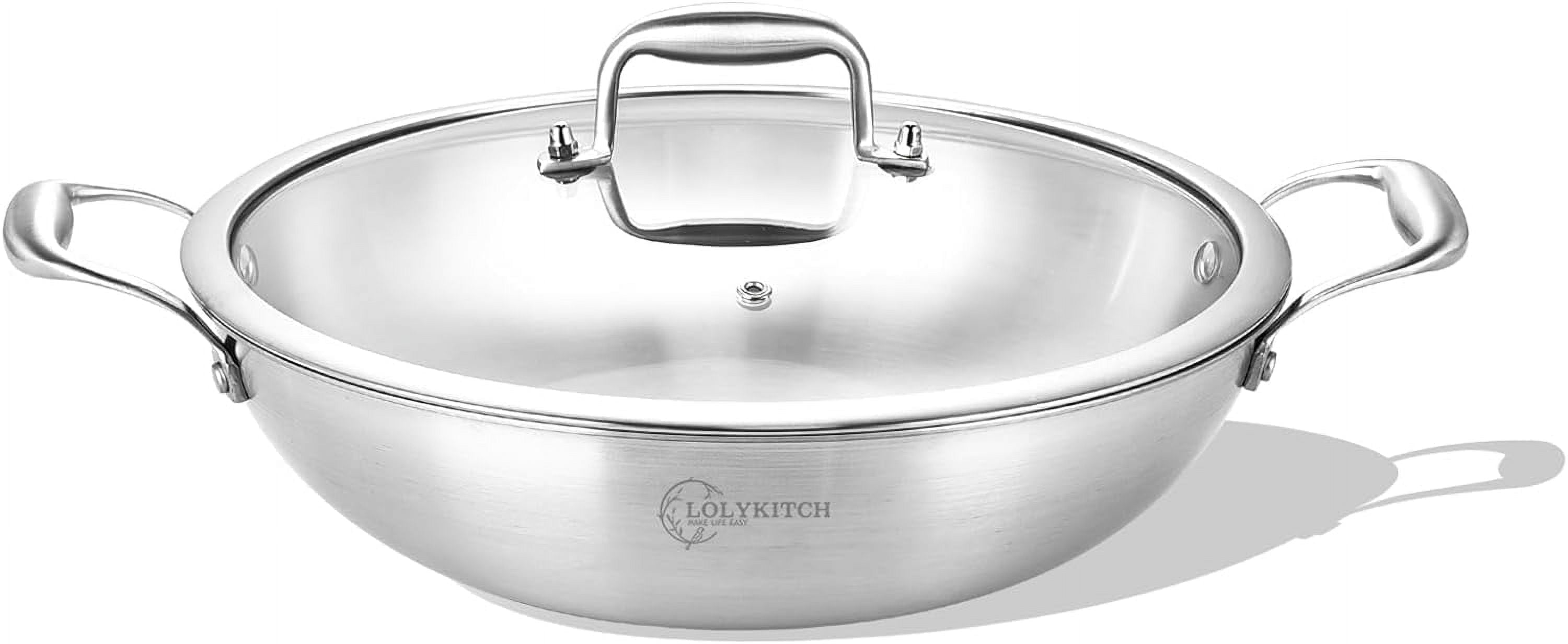 LOLYKITCH Tri-ply Stainless Steel Wok Pan with Lid,Induction Cooking Pot,Dishwasher and Oven Safe,13 inch.