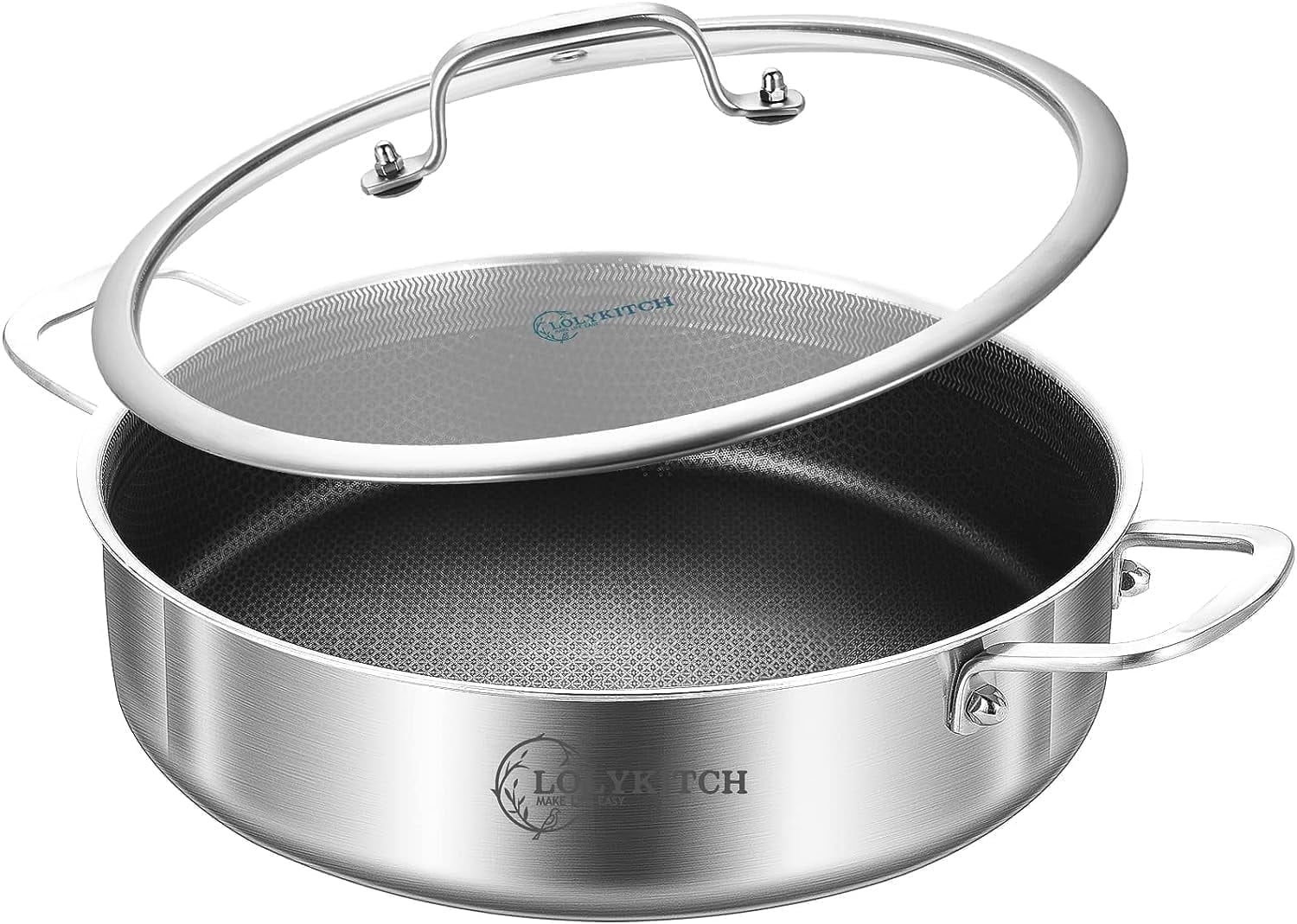 LOLYKITCH Tri-ply Stainless Steel Hybrid Non-Stick 6QT Sauté Pan with Lid,12 inch Jumbo Cooker,Induction Cooking Pot,Dishwasher and Oven Safe.