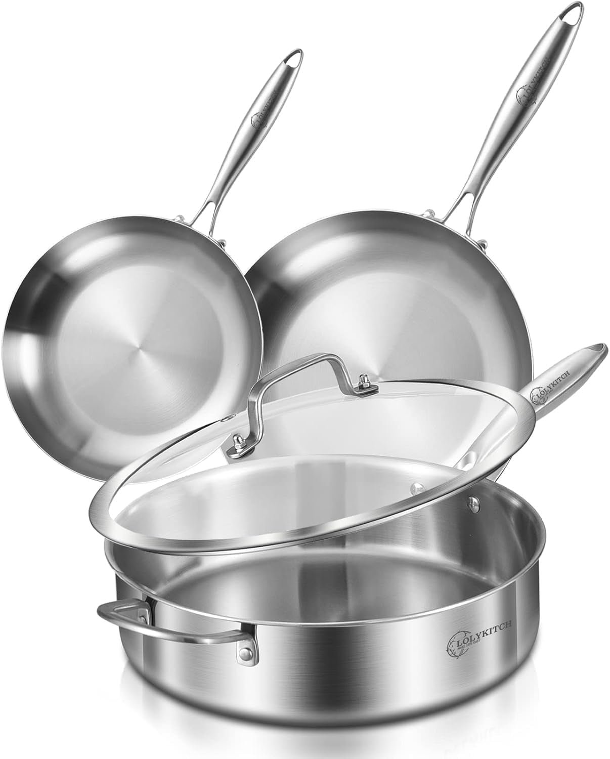 LOLYKITCH 8.5-10 inch Tri-ply Stainless Steel Frying Pans and 6QT Sauté Pan with Lid,Skillets,Cookware Set,Pot and Pan Set,Dishwasher and Oven Safe,Detachable Handle.