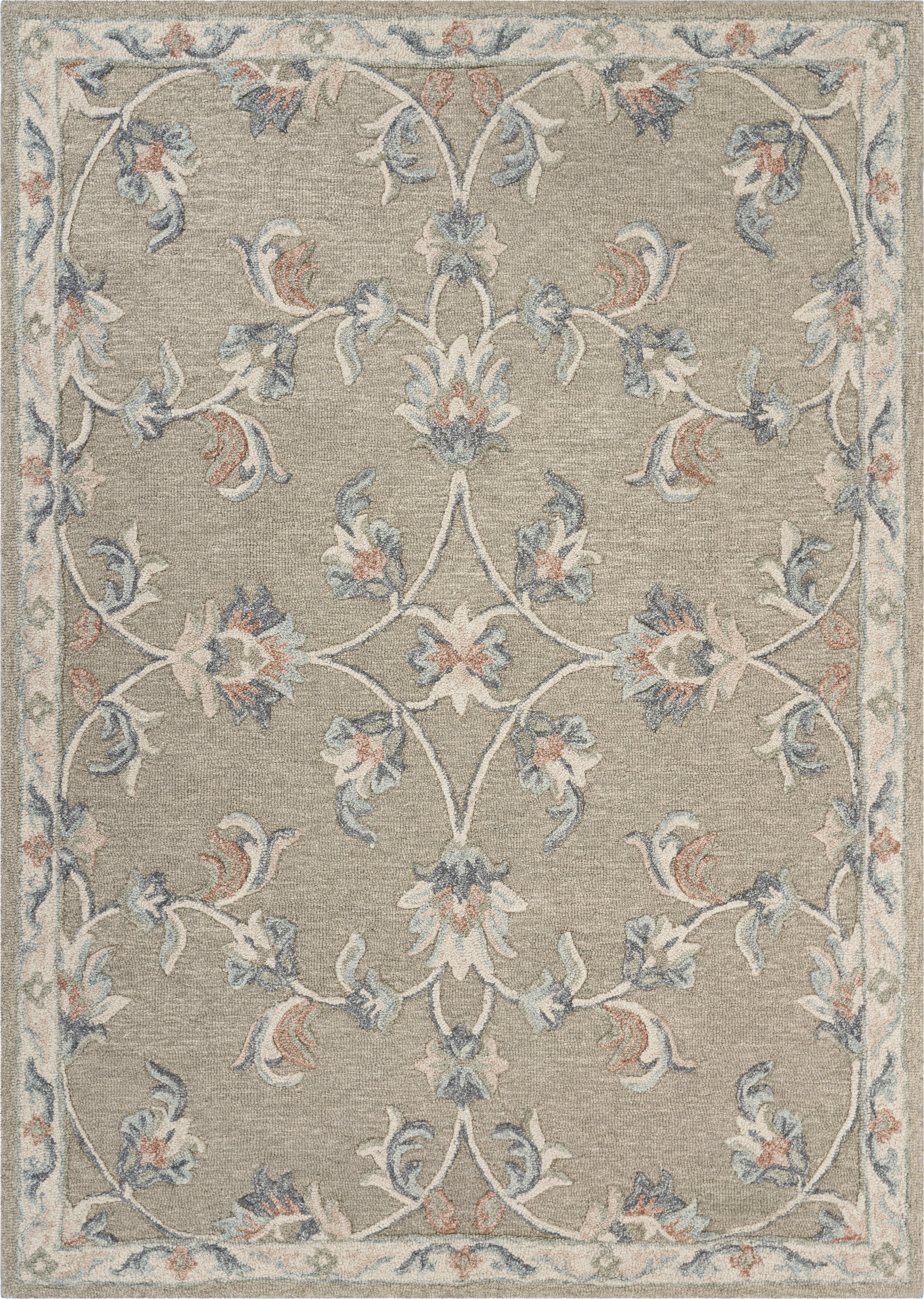 LR Home Aiden 7' x 9' Silver/Cream Floral Wool Indoor Area Rug