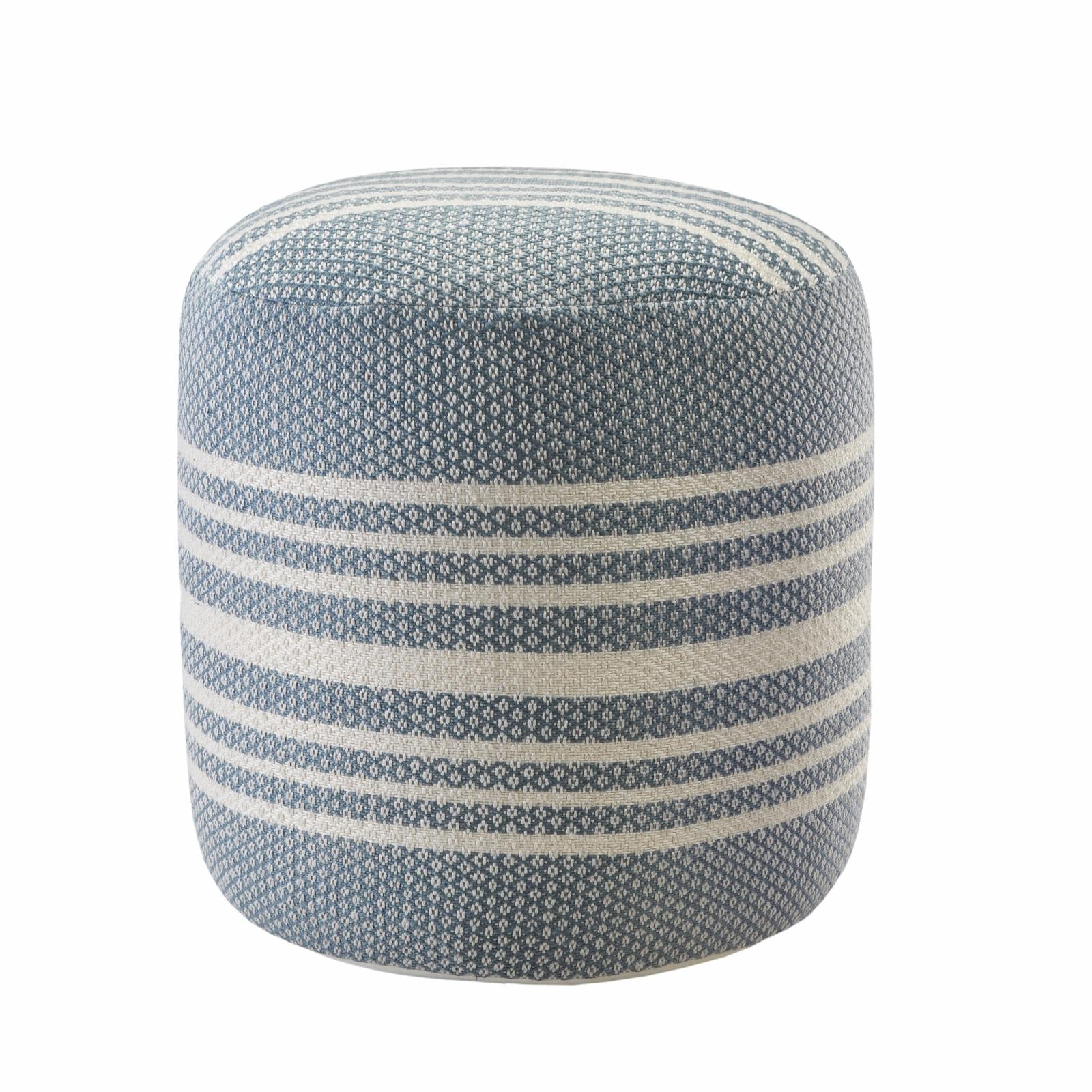 LR Home Medium Striped Indoor/Outdoor Cylinder Pouf, Light Blue/White, 20" x 20" x 20"