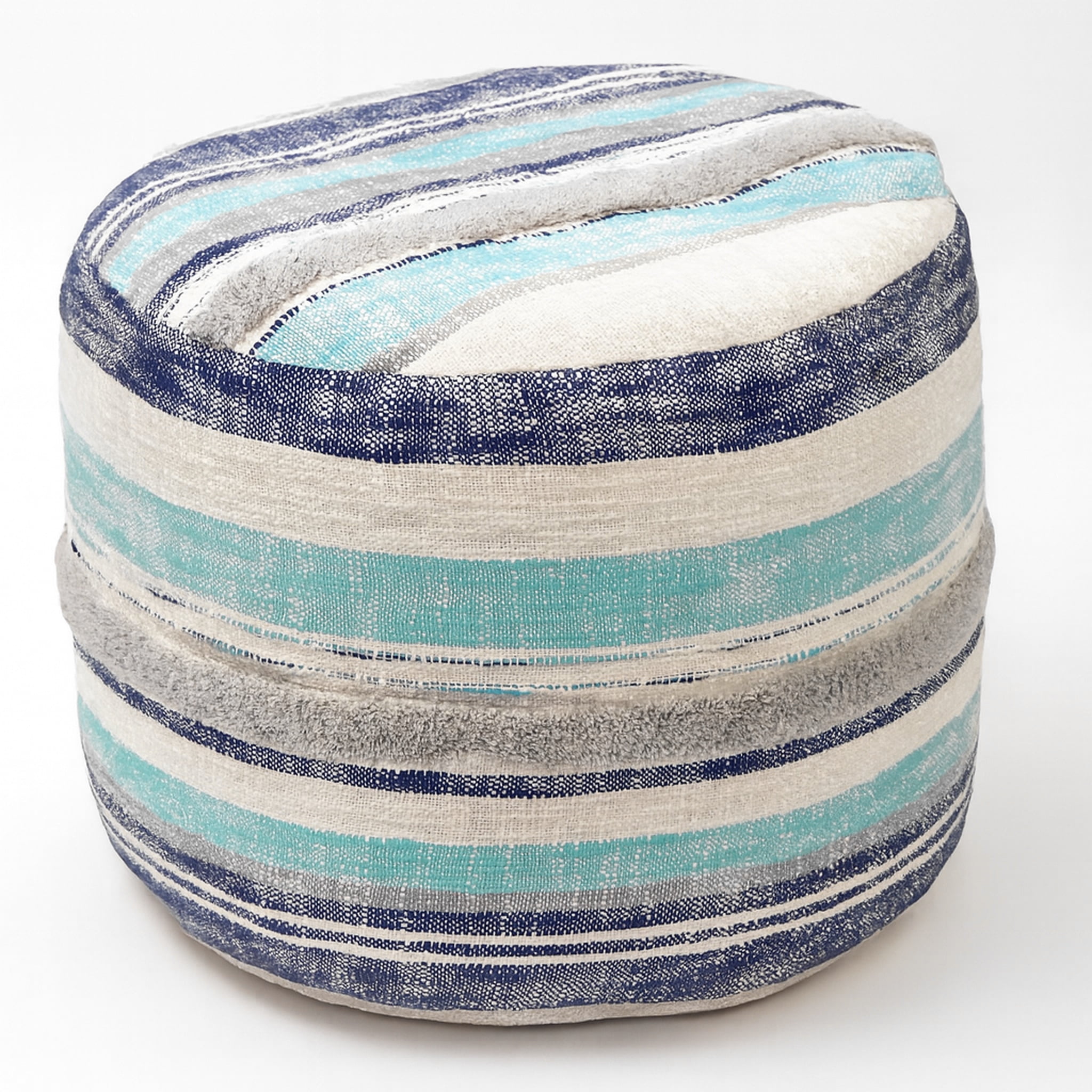LR Home Fred Round Blue/Cream Striped Indoor Pouf Ottoman, 14"H x 18"W